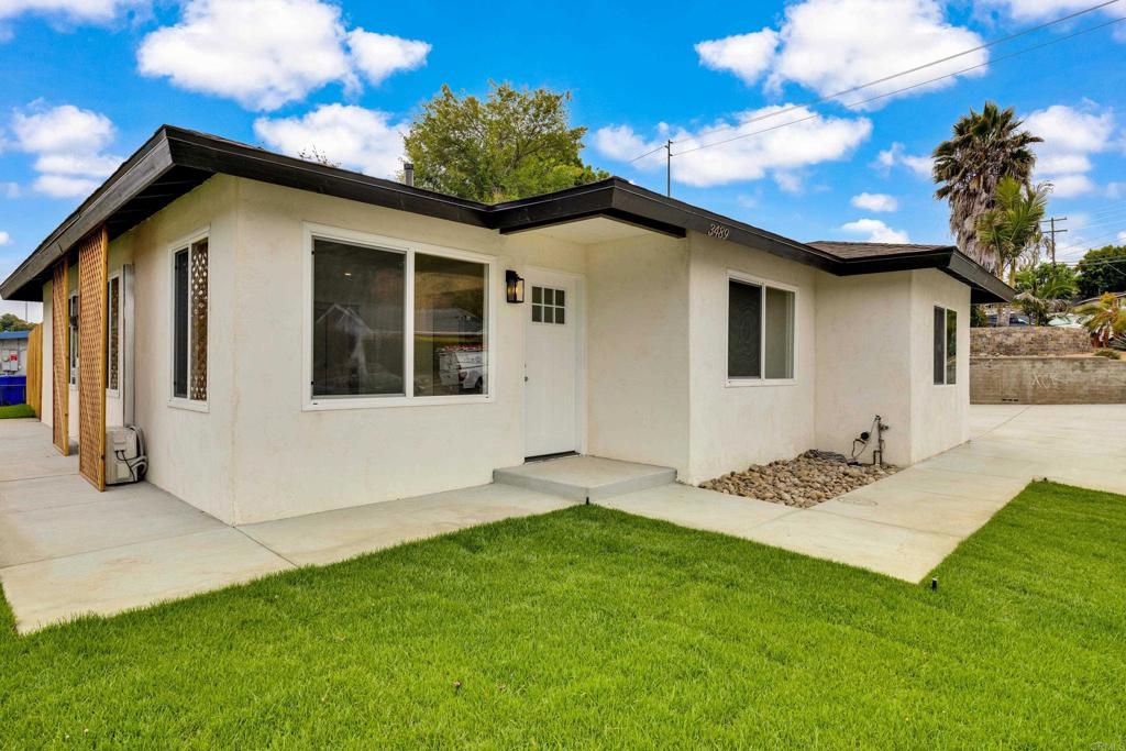 Updated & Modernized. Move in ready. New Paint, Flooring, Bathroom and Kitchen with All new Stainless-Steel Appliances. Lge. living room opens to the kitchen. The bathroom has been updated with new tub/shower, tile surround and vanity. Bedrooms have deep storage closets. New duct-less systems are in the living room & in the converted garage, to be used as an office, family rm or bedroom. Dual Pane windows. New fences, grass and sprinklers system. New hardscape concrete walks, patio and large off-street parking area. Spacious yard could allow the house to be added on to or add an ADU. Central location to San Diego City on 94 or 8, SD State University, Mission Valley & beyond. Schools and shopping are close by.
