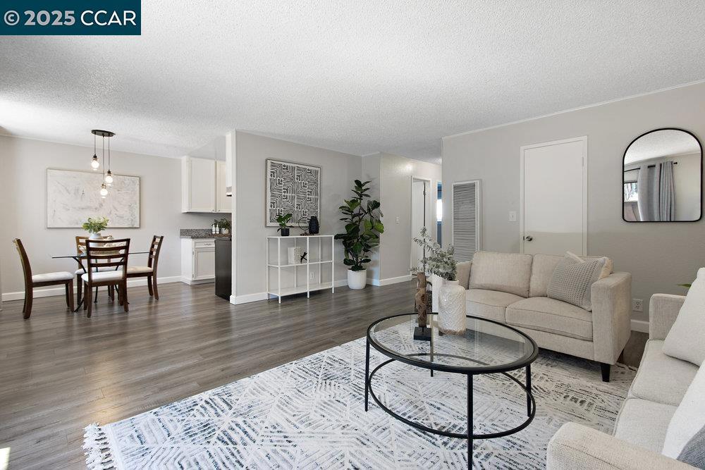 Welcome to this beautiful 2-bedroom, 1-bath lower-level unit featuring an open-concept layout designed for comfortable living and effortless entertaining. The dining area is perfectly situated under a centered chandelier, creating an inviting atmosphere for meals and gatherings. The kitchen boasts new appliances, ample counter space and crisp white cabinets, offering both style and functionality. 2 large bedrooms with large closets for all your storage needs. Located close to shopping centers, great restaurants and a large community park. This home offers both tranquility and accessibility. The community amenities include a pool, courts and outdoor sitting areas. Don't miss the opportunity to live in this desirable Concord location!
