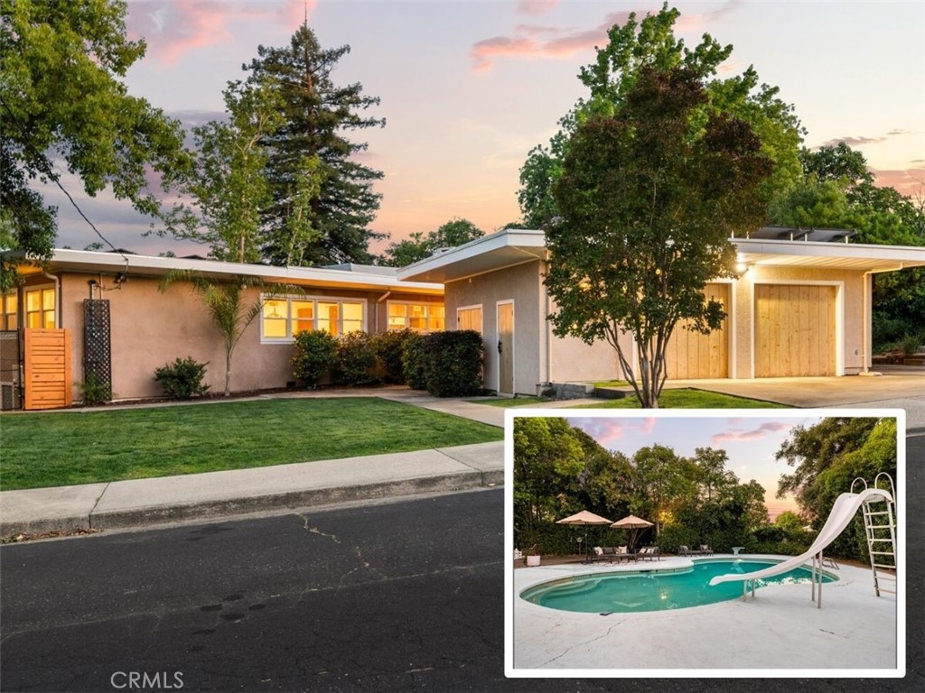 Welcome to your own private retreat in the heart of Oroville—a rare blend of sustainable living, timeless design, and development potential. Once owned by world champion boxer Bobby Chacon, this beautifully upgraded mid-century modern home sits on a lush, .84-acre lot. Located in a low fire risk insurance zone and offering no electric bill, this property delivers resort-style living with real-world practicality.The home is powered by a massive 12.21 kWp owned solar system, supplemented by a 10kW SolarEdge backup battery and two 5kW Enphase everyday-use batteries, powering essential systems including appliances, garage circuits, and a basement sump pump. A Level 2 EV charger is also included. A brand-new AC condenser adds to the comfort, and sleek automatic blinds help manage light and energy efficiency with ease.Inside, large picture windows flood the open-concept living area with natural light and offer views of your own “secret garden” backyard, complete with a tranquil koi pond, brick pizza oven, built-in barbecue, and a lush array of fruit trees—grapefruit, lime, lemon, orange, and mandarins—alongside fragrant lavender. The pool, resurfaced and upgraded with a variable-speed pump and new lighting, is accompanied by a pool house featuring a working shower, toilet, and changing area. Unique touches abound, from the library/den to the smart built-in Murphy bed that adds functionality to the living space. The remodeled kitchen (2018) features quartz countertops and updated appliances. Beyond the main house, a fully permitted 800 sq. ft. detached structure offers two distinct spaces: a 400 sq. ft. shop with street access, its own garage door, a 50-amp outlet, and separate breakers—ideal for a workshop or creative studio—and a 400 sq. ft. gym with mini-split HVAC, ethernet wiring, and a dedicated 100-amp panel. Storage is abundant, with three exterior closets adjacent to the garage. This property is also prepped for future expansion, featuring a second, attached lot with a 1,000 sq. ft. permitted stem wall and full utility hookups—ready for an ADU, guest house, or income-producing rental. Whether you’re drawn to its smart upgrades, peaceful outdoor amenities, or its impressive potential, this home offers a lifestyle you won’t want to leave.