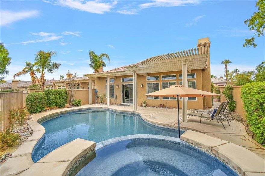 Indian Palms CC- A wonderful gated community. This home is a 2 bedroom plus a den. Beautiful private Pool and Spa. Home has upgraded flooring and a wonderful open great room plan.  Primary bedroom has a sliding door leading you to a private side patio, Primary bedroom  bath has a  soaking tub with a separate shower, nice large walk in closet. Second bedroom is a suite with a sitting room. Home is unfurnished. This HOA within Indian Palms allows short term rentals. This is a gated community with Community Pools and Spa's. A Lifestyle center several workout classes. Restaurant and Bar within the gate. Very close to Grocery store, Banking, Starbucks and many local restaurants. Near Polo Fields and the famous Coachella Festivals. Golf is a public course so you can pay as you play. Photos with furnishing is staged.  Home is being sold unfurnished