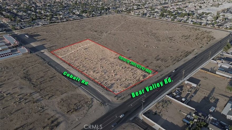 Prime commercial frontage on Bear Valley Road in Victorville — 178,596± SF (APN 3095-023-02-0000) with excellent exposure to I-15 traffic and immediate co-tenancy by national retailers and quick-service concepts. This corner parcel sits on one of the High Desert’s busiest retail corridors with strong daily vehicle counts and visibility to both local residents and regional thru-traffic. Ideal for drive-thru QSR, automotive service, neighborhood retail pads, or a multi-tenant retail center. Zoned C-2 by the City of Victorville, the lot offers flexibility for owner-users and developers seeking an affordable, high-exposure site in a growing trade area. Demographics include a young, family-oriented population (median age ~32) and household incomes around the low $70Ks, supporting everyday retail, value dining, and service uses. Don’t miss this rare Bear Valley opportunity — immediate access to I-15, ample lot size, and proven retail co-tenancy.