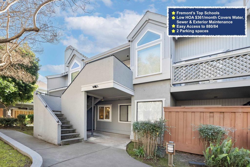 Welcome to this Stunning 2 bedroom, 2 bathroom ground-level condo, offering the ultimate in convenience and relaxation. Updated Kitchen with quartz countertops for a sleek and modern look. Fresh painted and New floor throughout. Open living room with a cozy wood- burning fireplace. Boasts an exclusive feature - an additional window in the living room, flooding the space with natural light and providing a stunning view. Enjoy TWO spacious patios, perfect for relaxing, entertaining, or simply soaking up the sunshine. Convenience indoor laundry. No rental restrictions, a great investment opportunity. One carpot and one reserved space for parking. Low HOA fee covers water, sewer, trash, common area maintenance more. Enjoy HOA amenities, including pools , spas and guest parking. Walking distance to top rated schools. This prime location is just steps away from parks, restaurants, and grocery stores, offering the ultimate in convenience and lifestyle. Easy access to freeways 880 and 84. This condo is a must-see!