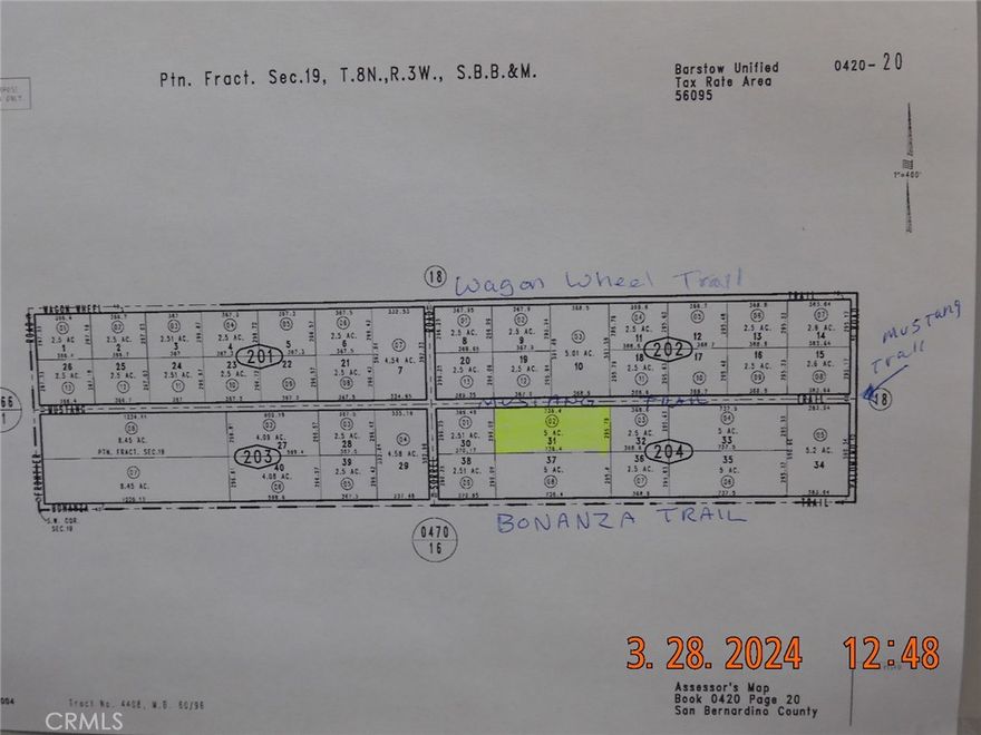 Beautiful 5 acre parcel with well, located in rural neighborhood of Helendale.  Owner had the well tested by a private party, using a generator, and they were able to get water.  Another big plus, this property was recently surveyed (within the past 4 years).  Parcel is on the south side of Mustang Trail, 0.55 miles east of Frontier Rd.  It is the 2nd parcel east of Sorrel Rd (4th parcel east of Sorrel Trail).  This property is just before a parcel that has a lot of stuff on it.  See satellite photos in listing.