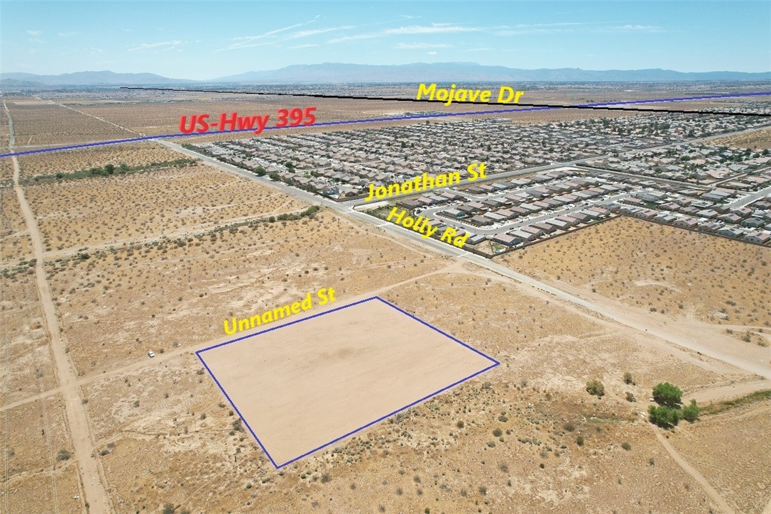 Great location and Investment Opportunity! Nice clean and flat 2.30 Acres of land, per City of Adelanto, CA, the property is zoned Single Family Residential (R-S5), According to the zone district is a single-family zone which permits detached residences at a density of up to five (5) units per gross acre, Electricity, Water and Sewer are on Holly Rd, approx 300 Ft south of the property, the lot has a street easement (Unnamed St) for access. Approximately 3500 ft, or 0.66 Mile West of Hwy 395., Dotted lines on the pictures are just estimated, and not the exact property lines, buyer to do their due diligence regarding property line, and utilities for more accurate distances and costs, GOOGLE MAP CORDINATES ARE: 34.544417, -117.411028, make your offer today.