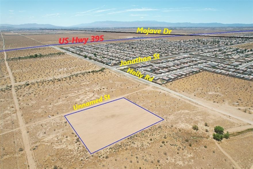 Great location and Investment Opportunity! Nice clean and flat 2.30 Acres of land, per City of Adelanto, CA, the property is zoned Single Family Residential (R-S5), According to the zone district is a single-family zone which permits detached residences at a density of up to five (5) units per gross acre, Electricity, Water and Sewer are on Holly Rd, approx 300 Ft south of the property, the lot has a street easement (Unnamed St) for access. Approximately 3500 ft, or 0.66 Mile West of Hwy 395., Dotted lines on the pictures are just estimated, and not the exact property lines, buyer to do their due diligence regarding property line, and utilities for more accurate distances and costs, GOOGLE MAP CORDINATES ARE: 34.544417, -117.411028, make your offer today.