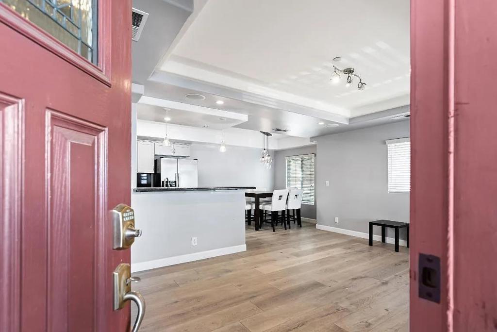 100% application before tour. Available: Aug 15th Pet Allowed. Discover this spacious 3-bed, 2.5-bath townhome perfectly situated just outside downtown! Walk to restaurants, cafes, events, theater, and multiple VTA lines or Caltrain. Enjoy easy freeway access (87, 101, 280, 680, 880). The main level features a kitchen with stainless appliances (fridge, gas range, microwave), double sink, and bar seating, flowing into a dining area with new lighting and a bright living room boasting recessed lights, surround sound, and a wall-mounted TV. Plus, convenient in-unit laundry with storage. Upstairs find two bedrooms with mirrored closets sharing a double-vanity bath. The top-floor master suite is a retreat with a balcony, ample closet space, and a spa-like ensuite featuring dual sinks, a soaking tub, and walk-in shower. Enjoy two assigned garage spots plus permit street parking. Smart home perks include Nest and keyless entry! App Fee: $99 No Pet Fee No move-in Fee