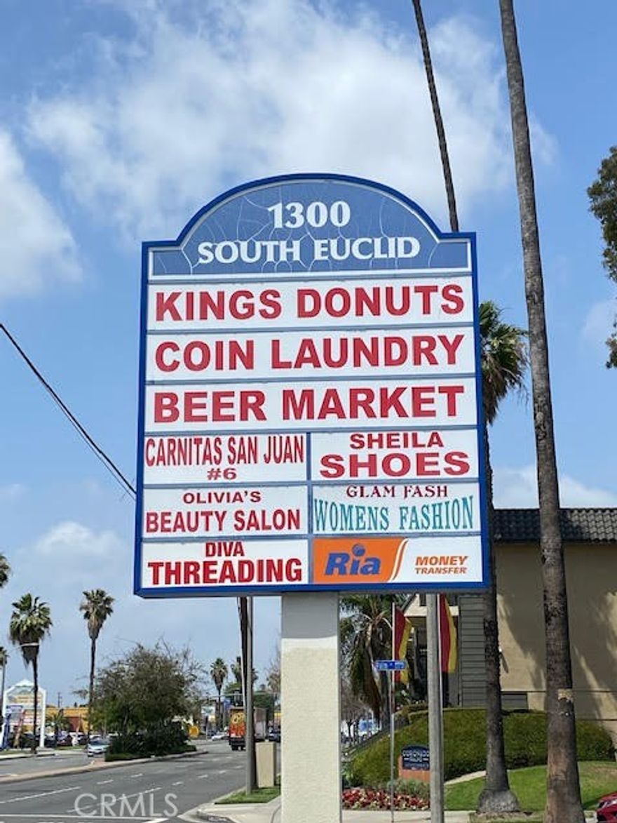 Fantastic Retail Center Location!!! Multi-tenant shopping center with great exposure and plenty of common parking lot area. Only 1 Space available for Lease,  The vacant space is Approx. 800 Sq-Ft ground floor, street-facing retail in a very well-established shopping center that consists of a Donut Shop, Ria Money Transfer Store, Barber Shop, Coin Laundromat, Hair Salon, Beer & Wine Grocery Store Massage Store, and Pho Restaurant. This space is perfect size for many retail options and it's conveniently located close to I-5 & 91 FWY"s on busy Euclid St just south of Ball Rd. This is a NNN Lease
