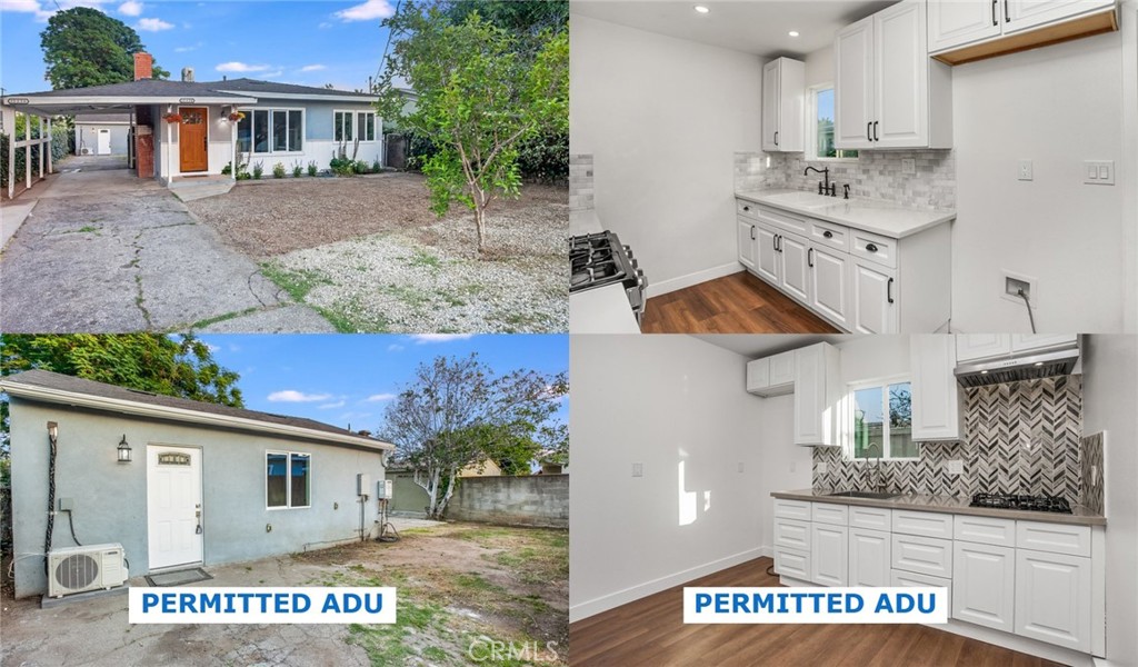 BEAUTIFULLY REMODELED Sylmar home with PERMITTED ADU with 2 BEDROOMS AND 1 BATHROOM ! Exterior Front: Freshly painted, covered entry, colorful flowerbeds. All new roof, plumbing, and HVAC, separate electrical panels. Interior Throughout: All New - Freshly painted, dual pane windows, LED recessed lights, smooth ceilings, light switches and outlets, panel doors, door hardware, baseboards and hardwood floors/wood laminate flooring. Family Room: Open and bright with brick fireplace. Kitchen: All New - White shaker cabinets, hardware, stainless-steel 5-burner gas range, stainless-steel ventilation hood, quartz countertops, custom tiled backsplash, dual basin sink and faucet. Dining Area with new light fixture 3 Bedrooms with ample closet space to maximize storage. Bathroom: All New - Vanity, faucet, marble countertop, undermount basin, hardware, framed dressing mirror, custom tiled tub/shower, commode and decoratively tiled floors. Hallway with linen storage. BONUS Permitted ADU with 2 bedrooms and 1 bathroom. New Split Ductless AC/Heat Unit, freshly painted, new panel doors, Living Room: All new - Dual pane windows, LED recessed lights, light switches and outlets, baseboards, wood laminate flooring. Kitchen: All New - White shaker cabinetry, hardware, quartz countertops, chevron pattern tile backsplash, stainless-steel basin, faucet, gas cooktop and stainless-steel ventilation hood. Generously sized Bedroom. Windows. Bathroom: All New - Vanity, marble countertop, undermount basin, dressing mirror, custom tiled tub/shower, commode and tile floors. Backyard: Grassy side yard, shade tree, private patio and garden area. Covered carport and plenty of additional parking space to accommodate everyone.