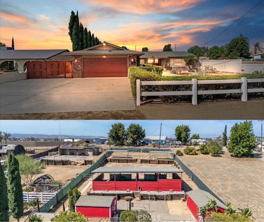 FANTASTIC HORSE PROPERTY With all the amenities and Equestrian would NEED. You will LOVE this spacious floor plan and layout which is perfect for everyone. Beautiful curb appeal with the brick siding, to the low maintenance landscaping, the fantastic iron gates to the backyard and RV PARKING .Once you walk in through the double entry doors it opens up to a large family room or you can use it for a game room/dining room. This adds extra space and secondary area to entertain and enjoy guests.  The oversized family room features a beautiful rock fireplace perfect for ambiance and cool evenings.  Spacious kitchen features ample cabinets for storage, including a utility sink and stainless steel appliances with an island overlooking the kitchen area.  Easy to clean Corian countertops. There is even a built-in dog door for your dogs. Enjoy 4 large bedrooms large enough for KING size beds in each room.  All the bedrooms have tile floors that make cleaning and maintenance a breeze.  INDOOR LAUNDRY with direct access to the garage, includes beautiful cabinets for extra storage. Whole house water filter.  Guest bathroom has double sinks and a lot of  space, and the primary bedroom includes a separate vanity area and a walk-in shower.  The primary bedroom also has 2 closets with mirrored doors. Now for the backyard you will love!  There is a huge wood covered patio to sit under and enjoy your backyard.  The seller just installed new vinyl fencing and low maintenance zero scape landscaping.  There are multiple fruit trees for your enjoyment. RV Parking which also includes a concrete drainage system along the driveway.  GOT HORSES?? This home is for you!  There is an oversized shed that is 13x13 perfect for hay storage or any storage.  The secondary shed has windows, drywall and an AC unit perfect for crafting,  workshop, or whatever use you may have.  There is a wash rack with water and lighting and also a hitching post for your horses and guests' horses.  There are 4 fully covered stalls that are 12x24 that also include welded wire,  misters for the hot summer days and lighting.  Plenty of room  to add an arena or round pen for training.  The top level has 2 24x24 pipe corals with shelters for added space and more horses.  There is room to add more stalls as well.  The barn and sheds were just recently painted.  Seller also installed newer 6ft chain link fencing around the rest of the property so all the fencing is in excellent condition (rare find in Norco) .