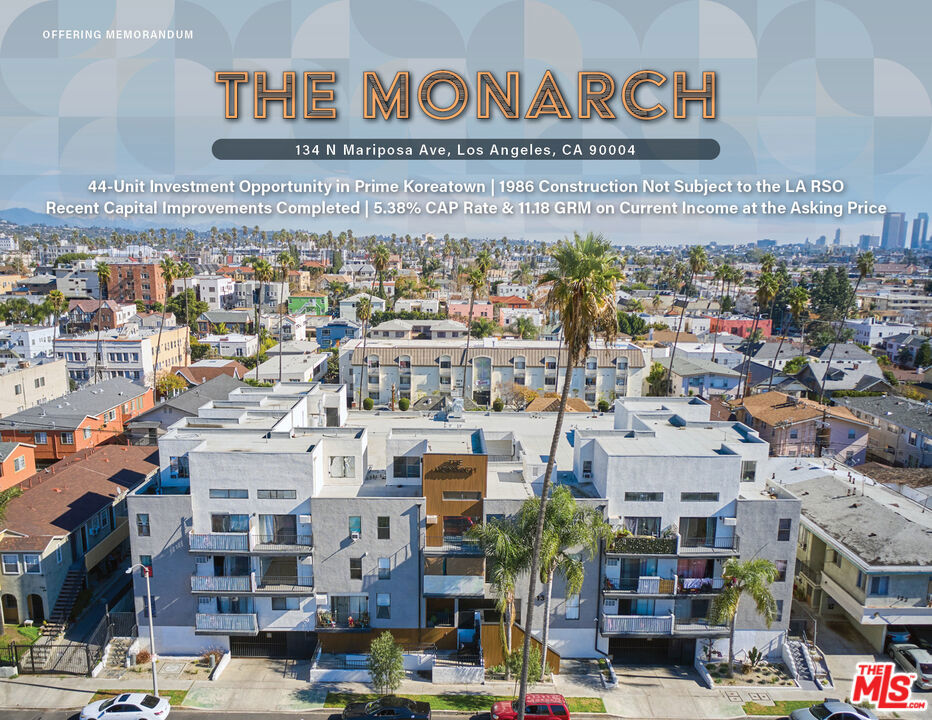 This is a turnkey investment opportunity with the Monarch Apartments, located at 134 N Mariposa Ave in Koreatown, Los Angeles. This44-unit complex, constructed in 1986 and not subject to the LosAngeles Rent Stabilization Ordinance, presents a prime mix of 28one-bedroom (including 10 with lofts on the third floor) and 16 twobedroomunits, accompanied by 44 parking spaces. The propertyhas undergone significant renovations in 22 units, featuring luxuryupdates such as vinyl plank flooring, modern cabinets, quartzcountertops, and new stainless-steel appliances, with 20 units nowboasting in-unit washers and dryers completed with permits.Further enhancements include substantial exterior upgradeslike new paint, wood accents, an updated intercom and