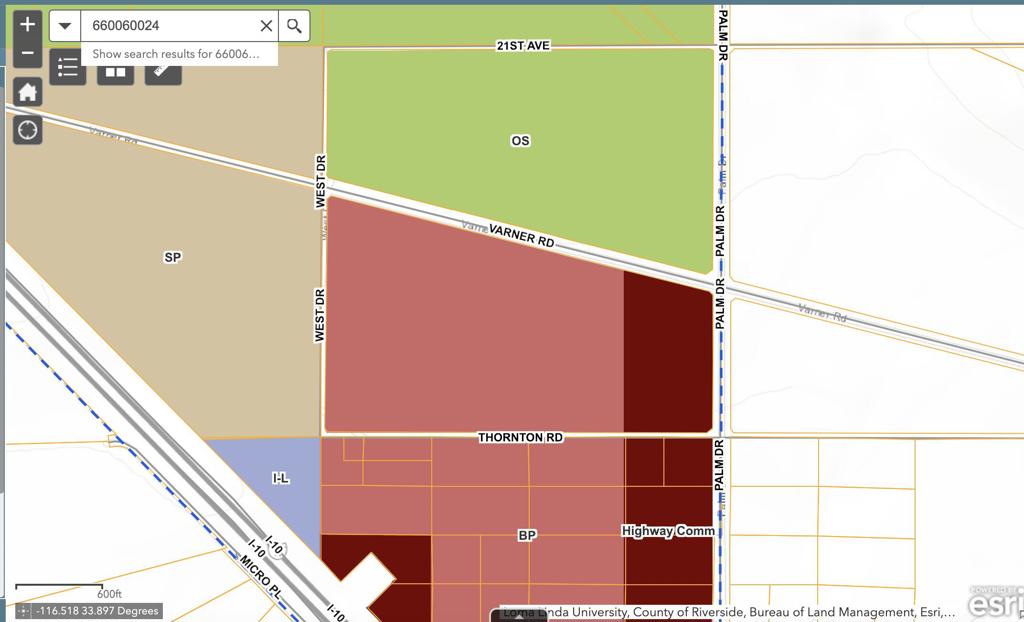 South west corner of Palm Drive and Varner Rd. Zoned commercial in city of Desert Hot Springs Highway Commercial and CBP commercial business park. One of the largest properties with commercial zoning near I-10 and Palm Springs / Desert Hot Springs