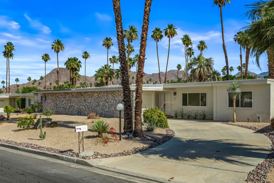 Donald Wexler, mid-century modern condo located in the heart of South Palm Desert! This fully furnished condo is ready for you to move in tomorrow! Situated within the historic Shadow Mountain Golf Course which you can join that has an amazing pool!. This end-unit gem feels more like a single-family home, complete with a private spa and a spacious lot. Its prime location is just a short stroll from El Paseo's renowned dining and shopping destinations. This stunning, remodeled home offers an open floor plan featuring two primary bedrooms, two bathrooms, and a versatile den that can double as an office. The galley kitchen is beautifully updated with Viking stainless steel appliances (KitchenAid Refrigerator), slab granite countertops, and gorgeous cabinetry. Both bathrooms showcase walk-in showers and sleek granite counters. Each bedroom has ample closet space! Additional highlights include double-pane windows and sliders, custom window treatments. Step outside to your south-facing patio, where breathtaking mountain views provide the perfect backdrop for entertaining. Relax in your private saltwater spa, surrounded by the beauty of the San Jacinto Mountains and Chocolate Hills, all within a tranquil community. The Shadow Mountain Fairway Cottages, a boutique community of just 54 homes, offers the ultimate desert lifestyle with incredibly low HOA fees of only $285 per month. HOA benefits include front yard maintenance, exterior painting, street upkeep, and insurance. Turnkey - Ethan Allen furniture and with high-quality decor this condo is ready or you to move in and enjoy. Don't miss this rare chance to own a piece of mid-century modern history just steps from the vibrant El Paseo district!