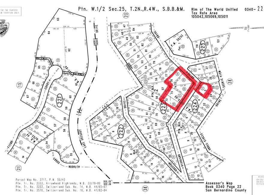 Land for Sale – 
This offering includes 6 lots totaling 29,534 square feet in a residential area, with one lot having an established address of 24989 Highland Drive (parcel# 0340224220000).
Total Lot Size: 29,534 sq. ft. (6 individual lots)
One Lot with Address: One lot already has a street address.
Location: in the peaceful arrowhead highlands neighborhood with easy access to local amenities.
Commute: Conveniently located with an easy commute to Highway 18, providing direct routes to nearby cities and shopping hubs.
Utilities & Infrastructure: Inquire about water, power, and other utilities available at the site.
Whether you’re an investor, developer, or looking for a large parcel of land for personal use, this property offers great potential.
