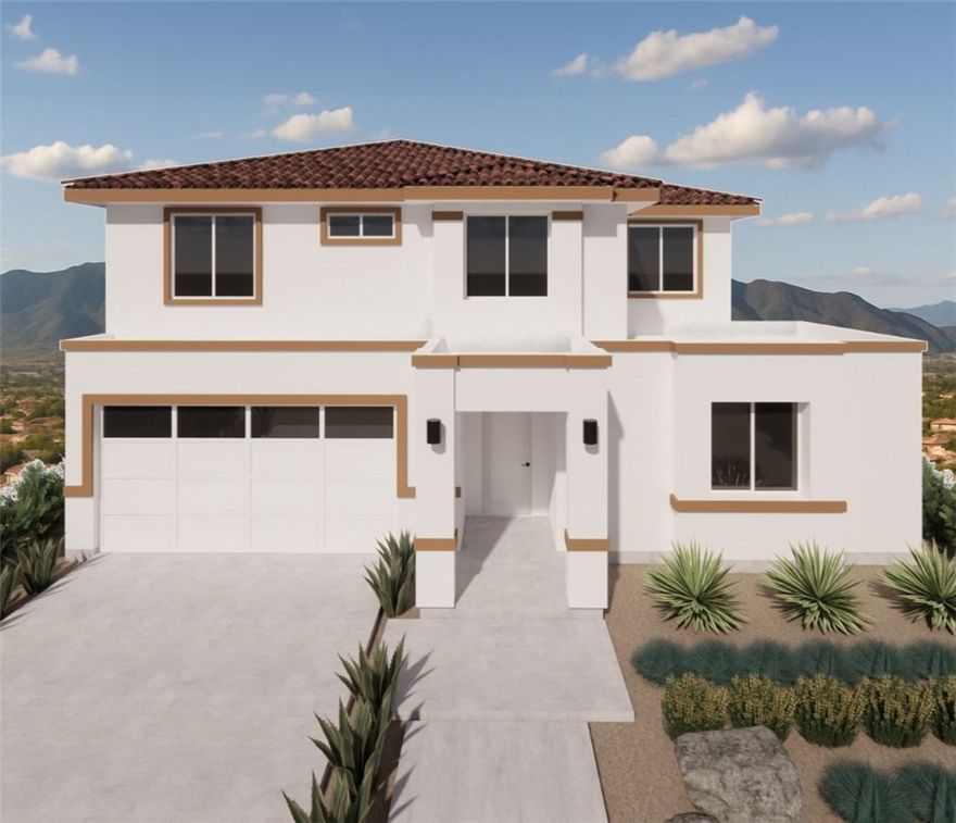 YOU WILL LOVE THIS HOME & THE VIEWS IT OFFERS! Brand-new home! This stunning two-story residence blends Contemporary Spanish Mediterranean architecture.  Offering 5 bedrooms and 3 full bathrooms, including a spacious master suite with a private balcony overlooking city lights and mountain views. The main floor features a bedroom and full bathroom along with an open-concept kitchen and dining area where you can enjoy meals while taking in the stunning views. Upstairs, you’ll find three additional bedrooms PLUS a luxurious master suite with a dual-sink bathroom, spacious walk-in closet, and a private balcony.