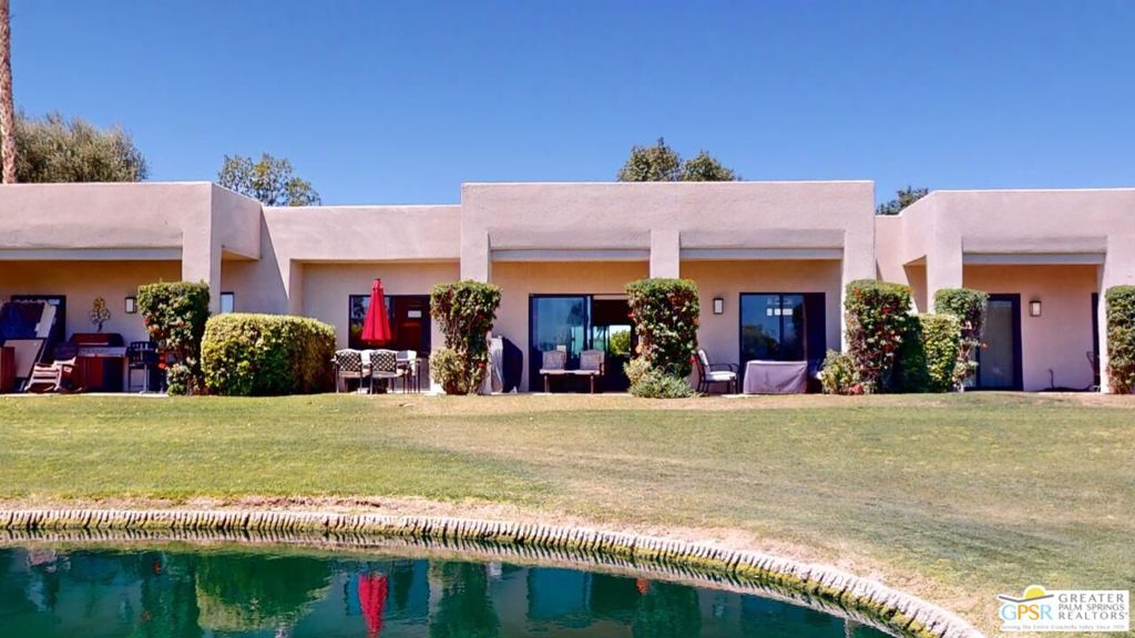 *New Price* Well maintained unfurnished 2 bedroom, 2 bath condo in the highly desirable guard gated Desert Princess community! Enter through the front courtyard into the main living area. The entry flows into the spacious living room flanked on both sides by the two large ensuite bedrooms, allowing privacy for you & your guests. Both the primary and guest bedrooms offer ensuite baths with dual vanities and lovely stall showers - the primary bath offers access from the bedroom and the hall. The primary bath also includes a spacious closet. The living room features a ceiling fan & slider to the covered, east facing patio. Unique to this condo are the beautiful pond views with wildlife galore. Golf course views to the east of the pond are awesome and what a great covered patio to sit under and have your morning coffee as the sun rises and greets you! The windowed kitchen offers granite countertops with a double bowl stainless sink with peek-a-boo glimpses of the mountains to the west. Both ensuite bedrooms offer access to the covered east facing patio as well. There is the stacked laundry in the closet next to the foyer. This unit comes with its own detached one car garage. Desert Princess is known for its wonderful amenities, including a 27-hole Golf Course, Tennis Courts, Pickleball courts, over 30 Sparkling Swimming Pools, Spas, Fitness Center & gorgeous views of the desert, mountains, and palm trees! Don't miss out on this gem - perfect as a desert getaway, full-time residence, or investment property! One of the other great things about this unit is it's LOCATION. It is close to one of it's pools and spas, the tennis courts and fitness center. Furniture and Golf Cart are negotiable!