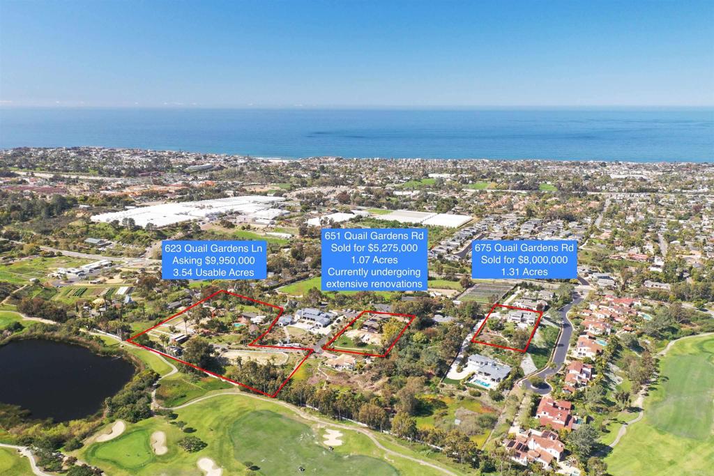 Ocean View & 3.54 usable acres!! Bedroom count includes ADU. This extraordinary property in the heart of Encinitas is unique and versatile, offering an exceptional blend of privacy and functionality with expansive ocean views in an exclusive neighborhood. A truly remarkable property in a prime location, you can walk or bike just 2 miles to the iconic Moonlight Beach where you can enjoy world class surf, amazing restaurants, and much more. This property spans an impressive 3.54 usable acres, a true rarity in lot size and location! The property is currently utilized as an equestrian haven, featuring seven large custom corrals and stalls, an 80X160 riding arena and a well-equipped barn, making this the ideal property for a horse enthusiast. Additionally, the property includes a carport designed for RV & trailer parking, catering to a variety of lifestyle needs. For those seeking a secluded retreat, this estate is an excellent choice. It boasts two separate electronic gate entrances, each accessible from a private road, ensuring unparalleled privacy and security. The exclusivity of Quail Gardens Lane is highly valued, offering residents a serene and tranquil environment with no HOA. Adjacent to the east property line you will find the Encinitas Ranch Golf Course, this property is perfectly positioned for those who appreciate both equestrian pursuits, golfing, and coastal living. The expansive grounds offer endless possibilities, including a multi-family compound! This is an exclusive opportunity to own a piece of paradise in Encinitas!