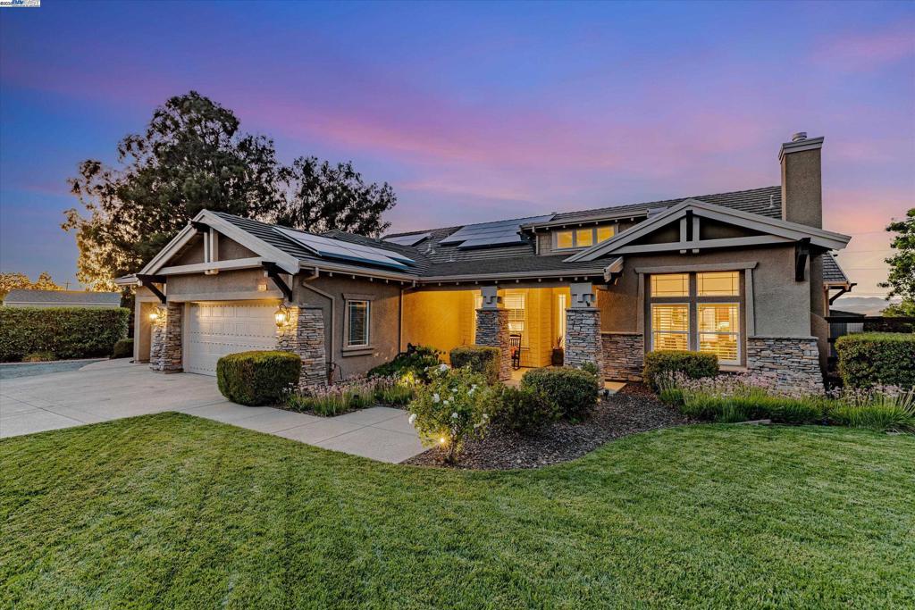 Panoramic views of Shadow Cliff Lakes & Mt. Diablo. Very private street with only 5 homes, NO HOA, no steps to entry. This home has it all! 5 bedrooms , 4 on main level with 1 bedroom, bathroom and large on the 2nd level. Gourmet kitchen, S/S Wolf double oven (convection), S/S built-in Convection/Microwave oven, Sub-Zero side by side refrigerator, island with veggie sink, separate filtered water, granite (Baltic Brown) countertops with half splash and full splash at stovetop. Culligan water softener owned. Large primary bedroom suite with French doors open to patio, marble countertops, porcelain tiled walk-in shower, dual sinks and large walk-in closet. 3 Large bedrooms with built-in closets. Leased 5.25KW DC NEMS 1 solar system. Sparkling pool/spa large salt finished deck and patios. Professionally landscaped yards. Level 2 EV charging receptacle (240V/50Amp) . Too many features to list. Close to downtown Pleasanton, access to Shadow Cliffs from backyard. Backs to Shadowcliff park with access from the backyard. No backyard neighbors!!!