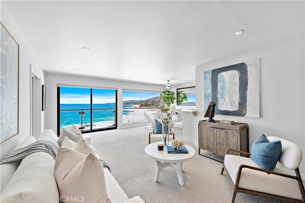 This spectacular FURNISHED remodeled North/ West facing unit offers mesmerizing views of Catalina Island, year round sunsets, north coast white water and city light views to Palos Verdes. The jaw-dropping views of crashing waves and white sandy beaches below are simply the best views . Experience true resort living in this breathtaking oceanfront condo nestled within the exclusive Table Rock community in South Laguna! From the moment you enter the front door, you will be mesmerized by panoramic whitewater, beach, and coastal views all the way down the coast. This very light and bright unit has been remodeled and is ready for move in! The great room opens up to dining , kitchen, living and an oceanfront deck. The master suite is spacious and has access to oceanfront deck. Private stairs lead to West Street Beach; walk on the the sand to the famous Montage Resort. Association includes laundry facility, fitness room, pool room, recreation room, barbeque area, pool and spa. Beautiful grounds surround the complex. A/C !!! Walk to restaurants and shops!