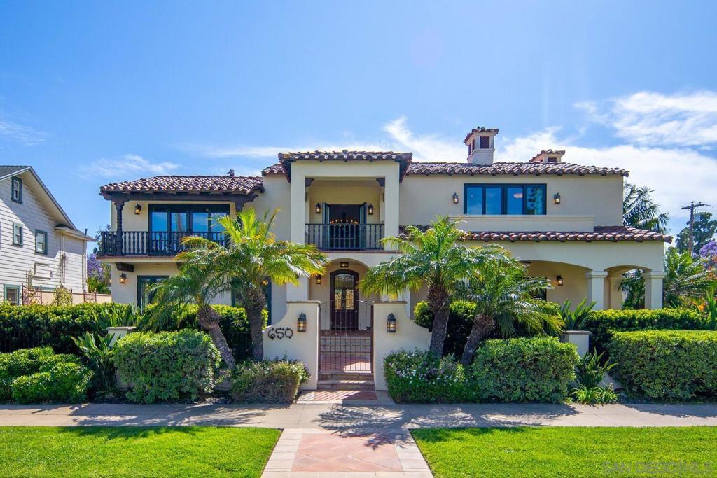 Elegant 5 Bedroom Mediterranean-style home located on a prime corner lot along the Coronado Golf course with amazing panoramic views from 1st & 2nd story. Enjoy the flow of the house including a spacious great room, open kitchen, island bar seating, bright breakfast room and family room accessing outdoor patio areas allowing for al fresco entertaining. Separate detached guest house with its own bedroom and bath. Luxurious primary suite with balcony overlooking golf course & bay, fireplace, walk-in closet and spa-inspired bathroom. A versatile upstairs entertainment room can serve as an optional bedroom or home office with its lovely view balcony. Large enclosed front yard area provides plenty of room for relaxation and enjoyment. Many upgrades include 2 Air Conditioning units, new windows, newly refinished walnut wood floors and repainted throughout. Gourmet kitchen includes 48” Monogram refrigerator/freezer, 48” range/oven with 6 gas burners & grill, 2 ovens & hood with Italian tile back splash. A kitchen island with bar seating overlooking family room. Other amenities include Bosch dishwasher, walk-in pantry, and breakfast area facing the golf course. Adjacent back patio includes lovely fountain and dining area. Side patio has additional lounging area and gardens. Living room & library/game room has an adjacent wet bar and accesses outside patios. Wet bar area with wine refrigerator, sink and glass display cabinets. Laundry room is conveniently located upstairs. The 5th bedroom does not have a built-in closet and could also be used as entertainment room or office.