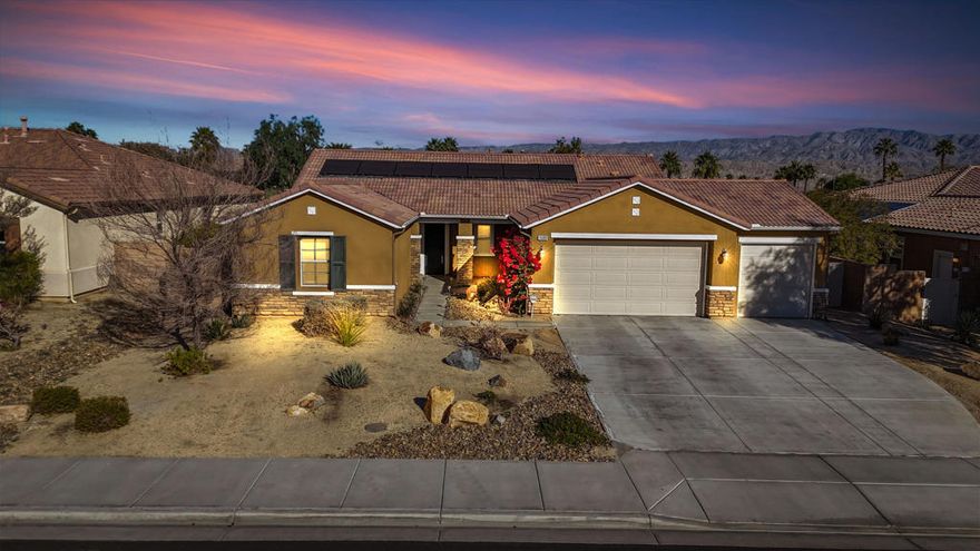 Effortless Palm Desert Living | Owned Solar | Quiet Cul-de-SacWelcome to effortless desert living in this beautifully maintained Kingston Court II residence, perfectly suited for full-time living or a seasonal retreat. Tucked away on a quiet Palm Desert cul-de-sac, this home offers a thoughtful layout, timeless upgrades, and the comfort today's buyers are seeking.The open great room is warm and inviting, anchored by a cozy gas fireplace and enhanced by crown molding, upgraded flooring, recessed lighting, and 8-foot interior doors. This flexible space is ideal for relaxed everyday living or entertaining friends and family.The kitchen opens seamlessly to the main living areas and features granite slab countertops, custom tile backsplash, white cabinetry, under-cabinet lighting, and generous pantry storage, making it as functional as it is welcoming. Whether preparing a quiet breakfast or hosting gatherings, the flow of this home supports easy, connected living.The private primary suite serves as a peaceful retreat with a spa-inspired bathroom offering dual vanities, a soaking tub, separate shower, and a large walk-in closet with custom organizers. Additional bedrooms provide versatility for guests, family, or a home office, all enhanced with shutters, recessed lighting, and thoughtful finishes.Step outside to a private backyard designed for the desert lifestyle. The covered patio is perfect for morning coffee, outdoor dining, or evening relaxation. With a gas stub ready for your BBQ and low-maintenance surroundings, this outdoor space invites year-round enjoyment.Additional highlights include owned solar for energy efficiency, a 3-car garage, interior laundry room with ample cabinetry and storage, and a security system for added peace of mind. Ideally located near premier golf, dining, shopping, and entertainment, this home captures the best of Palm Desert living with comfort, style, and convenience. Easy, inviting, and designed to be enjoyed year-round.