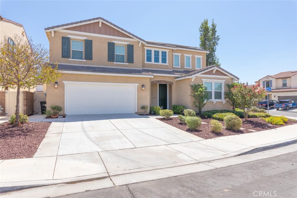 Nestled on an ample corner lot within the highly sought-after Summerly community of Lake Elsinore, this stunning home offers the perfect blend of elegance, comfort, and functionality. From the moment you arrive, soaring ceilings and an abundance of natural light set the tone for the bright and open floor plan that lies ahead. Step inside to find gorgeous wood-like laminate flooring flowing throughout the main living areas, creating a warm and inviting atmosphere. The open-concept kitchen is a true delight, featuring rich dark wood cabinetry, sleek stainless steel appliances, a cozy breakfast nook, and generous counter space—ideal for both daily living and entertaining. The kitchen seamlessly opens to the expansive family room, making it the heart of the home. This versatile floor plan also includes a full bedroom and full bathroom downstairs, perfect for guests or multi-generational living, as well as a bonus room that can serve as a craft space, home office, or imaginative playroom. Upstairs, the spacious master suite is a private retreat complete with a large walk-in closet and a beautifully appointed en-suite bathroom. Another bonus room on the second level offers endless possibilities—create a home theater, game room, or anything your lifestyle calls for. Step outside to your own backyard paradise where a sparkling pool and spa await, alongside a covered California room complete with a cozy fireplace—perfect for year-round entertaining. Plus, with a paid solar panel system and backup battery, you can enjoy significant savings on electricity while living sustainably. Don’t miss your chance to make this exceptional Summerly residence your very own—schedule a private showing today and experience the lifestyle you’ve been dreaming of!