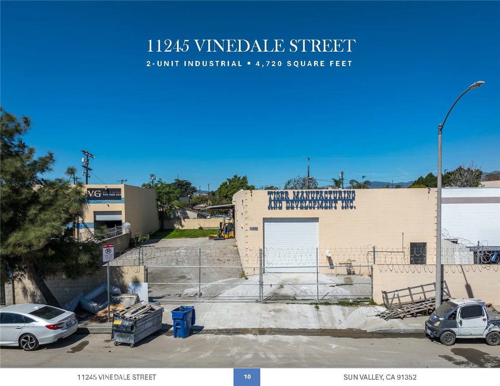 We are pleased to present 11245 W Vindale Street in Sun Valley, located just half a mile from the 5 Freeway entrance, this versatile two-unit industrial property offers 4,720 square feet of space on an 11,100 square foot lot, making it ideal for a variety of industrial uses.
Featuring M1 zoning, 14-foot ceiling height, and two large roll-up doors, the building is well-suited for manufacturing, warehousing, or automotive-related businesses. Constructed with durable cement block, the property includes a gated private yard with a secure block fence, ensuring both privacy and security features.
The Property comes with 3-phase power supporting heavy machinery, manufacturing and other heavy power uses. The functional layout provides flexibility for multiple tenants or an owner-user. Whether for an auto body shop, fabrication, or distribution facility, this well-located industrial space offers the accessibility and infrastructure to support your business needs.
