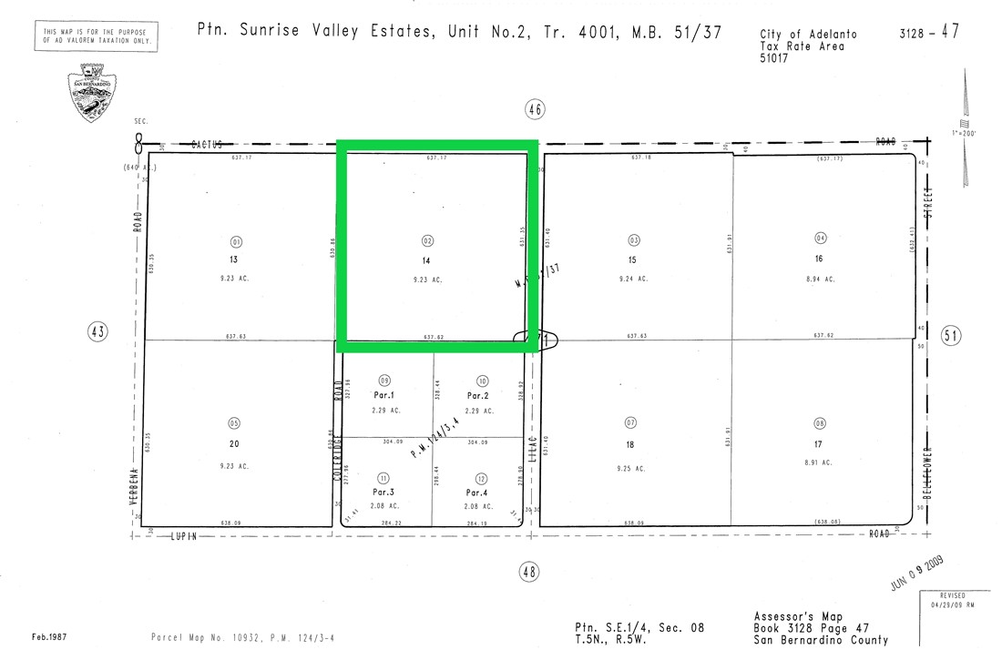 Spanning around 10 acres and is conveniently located near Donald F. Bradach Elementary School, the newly constructed Adelanto High School Campus, and Victoria Magathan Elementary School. Adjacent to these educational institutions, one will find community tract homes, all located within the High Desert region. Use GPS coordinates 34°32'07.7"N 117°25'21.2"W or 34.535472, -117.422556 Actual Lot size is 9.23 acres.
