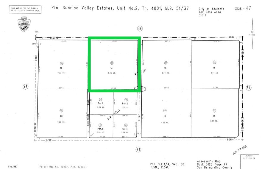 Spanning around 10 acres and is conveniently located near Donald F. Bradach Elementary School, the newly constructed Adelanto High School Campus, and Victoria Magathan Elementary School. Adjacent to these educational institutions, one will find community tract homes, all located within the High Desert region.  Use GPS coordinates 34°32'07.7"N 117°25'21.2"W    or   34.535472, -117.422556   Actual Lot size is 9.23 acres.