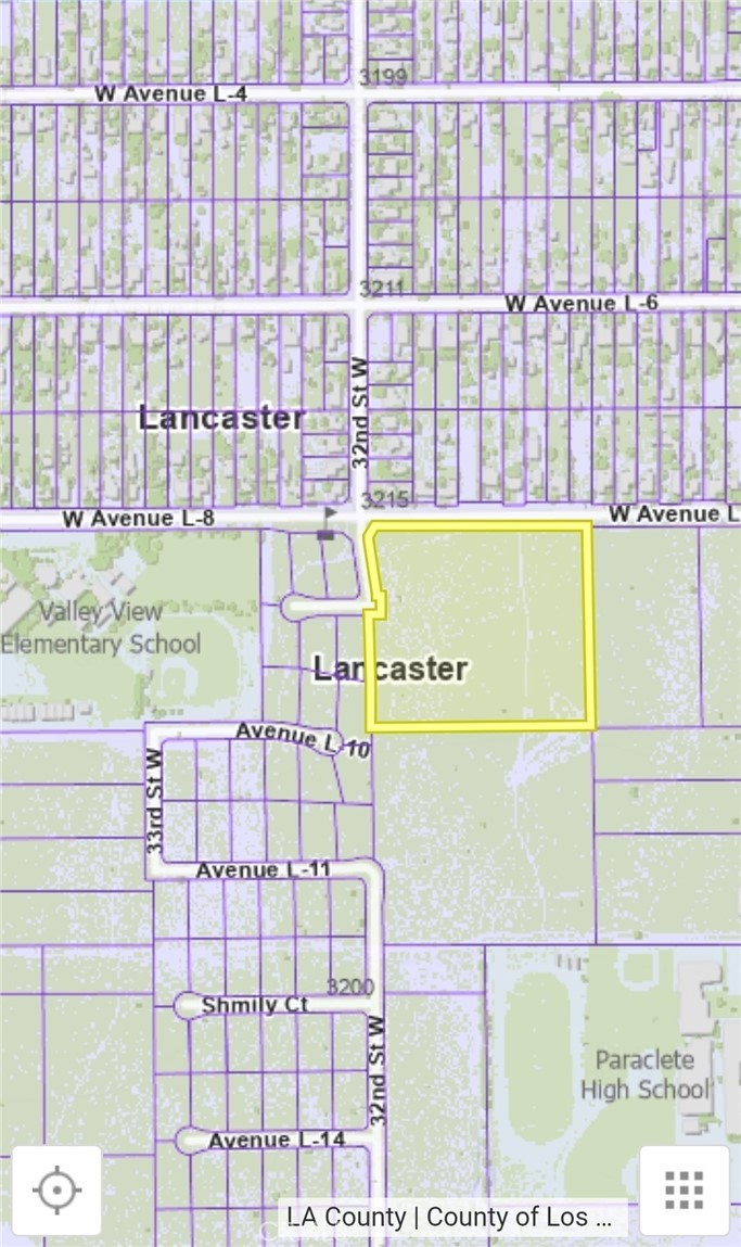 Seize a rare chance to develop nearly 10 acres of pristine land, ideally situated at West Avenue L8 and 32nd Street West in the desirable White Fence Farms area of West Lancaster. This expansive parcel offers a unique canvas for your vision, zoned fo residential development with minimum home size of 20K square feet per the City of Lancaster. Enjoy the advantage of working within the City of Lancaster rather than LA County regulations. This semi-rural location provides a serene setting while remaining conveniently close to amenities. The land is within walking distance of Valley View Elementary and the private Paraclete school. nearby, you'll find easy access to shopping, restaurants and a dog park. The Antelope Valley's renowned attractions, including the California Poppy Reserve, DryTown Water Park, and Joe Davies Heritage Airpark, are also within easy reach, offering a blend of natural beauty and recreational opportunities. This property presets an exceptional investment in a growing area, perfect for creating a custom residential estate or a strategic development project. A motivated Seller makes this an opportunity not to be missed.