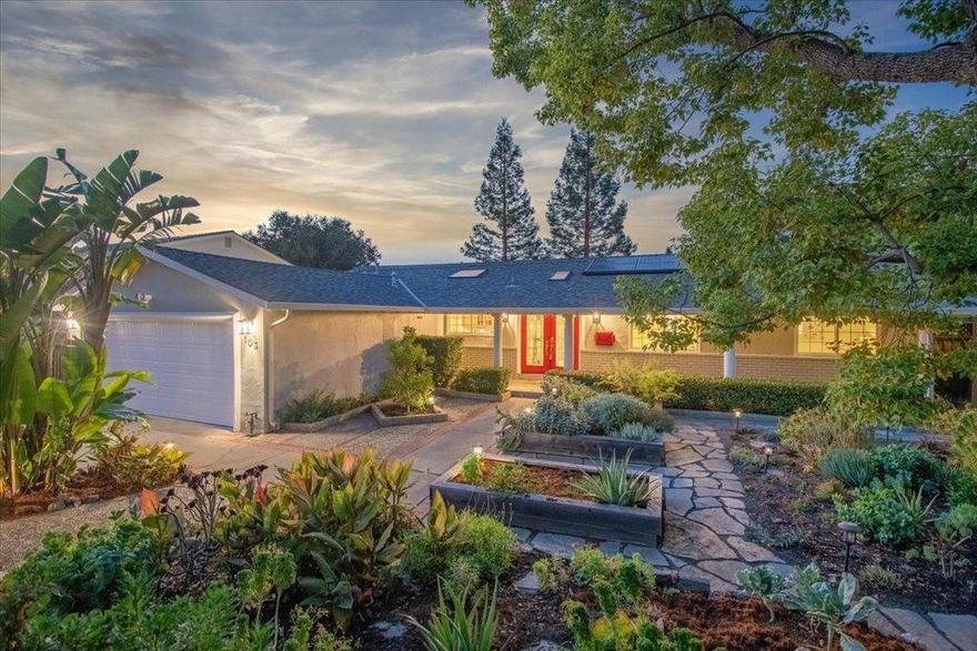 Welcome to this beautifully remodeled Belwood home with Valley & City Light views . Double custom etched glass door entry with a skylight. Spacious updated kitchen with a large center island, skylight, granite counter tops, stainless steel appliances,  gas cook top, built-in wine refrigerator. Breakfast nook. Stone & hardwood floors. New carpeting in all bedrooms. Living & dining room combination with a decorative fireplace. Remodeled modern hall bathroom with stone & glass surfaces. 2nd full bathroom with a stall shower. Oversized primary bedroom with three closets & built-in's, ceiling fan, sitting area, double sided gas fireplace. Primary bathroom with double sinks, granite counter tops and vanities, stall shower and jetted tub. Crown moulding, closets with built-ins, double pane windows and sliders. Inside laundry room with a wash basin. Recessed lights throughout. Double pane windows/sliders. Owned solar and Powerwall. New HVAC & ducts. Earthquake retrofit. New sewer line to street. Tankless water heater. Large backyard with decking, pergola, numerous fruit trees and valley views. Mature landscaping and succulents. Cozy front porch. Close to Belgatos Park & Santa Rosa Trail. Home belongs to Bellwood Pool Association. Noddin Elementary, Union Middle School, Leigh High School