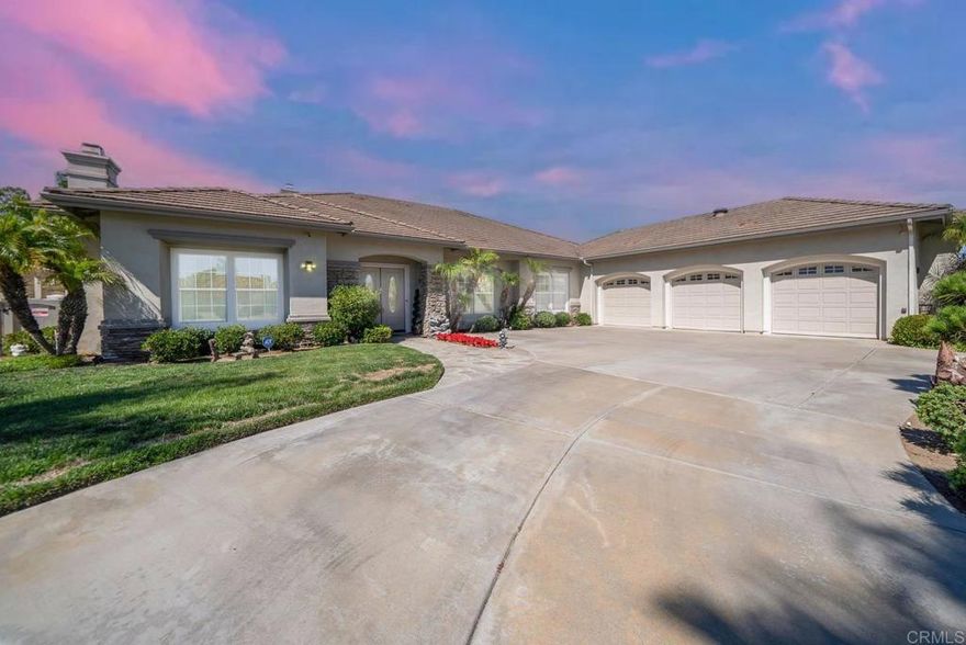 Luxury Single-Story Retreat in Escondido  Rare opportunity to own a true masterpiece in the heart of Escondido. This expansive single-story estate offers 4 bedrooms, 4 bathrooms, and over 4,280 sq. ft. of living space on a private half-acre lot. With soaring ceilings, spacious living and family rooms, and custom high-end finishes, this home is designed to impress.  The chef’s kitchen features over $150,000 in custom cabinetry and top-of-the-line appliances, perfect for both everyday living and entertaining. Oversized closets, a large 3-car garage with EV charging, and thoughtfully designed interiors provide unmatched convenience and style.  Enjoy sustainable living with 38 fully paid-off solar panels, eliminating electricity bills, along with solar heating for the pool for year-round enjoyment.  Step outside to your own resort-style backyard showcasing a serenity pool with pebble-tech finish, raised hot tub, built-in BBQ, putting green, and custom stained concrete patio—ideal for relaxation and entertaining.  A private roundabout driveway enhances curb appeal while offering easy access and ample parking.  This Escondido estate seamlessly blends luxury, sustainability, and comfort—an extraordinary opportunity to own one of the area’s finest homes