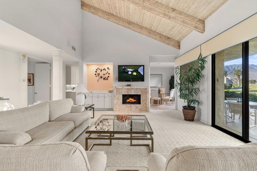 Tranquil living awaits while overlooking the famed Dinah Shore Tournament Course at Mission Hills Country Club, perhaps the most social club in the desert. Enjoy the views on an entertainer's back patio, just a stone's throw to a large community pool area. Featuring an ideal floor plan with well-sized areas and dramatic vaulted wood ceilings, this furnished residence is tucked off the road and very well-located near the amenities of Mission Hills Country Club residents. Notable attributes include: a spacious two-car plus golf cart garage; remodeled kitchen displaying quartz counters and vibrant backsplash with a bar and breakfast nook seating; three spacious bedrooms and three bathrooms; multiple sliders to enhance the indoor-outdoor lifestyle and natural light, and a large gated front patio offering an additional gathering spot. Mission Hills Country Club offers golf, tennis, and fitness memberships, and is renowned for its social activities and easy-going atmosphere where members can develop long-lasting friendships. Furnishings are included.