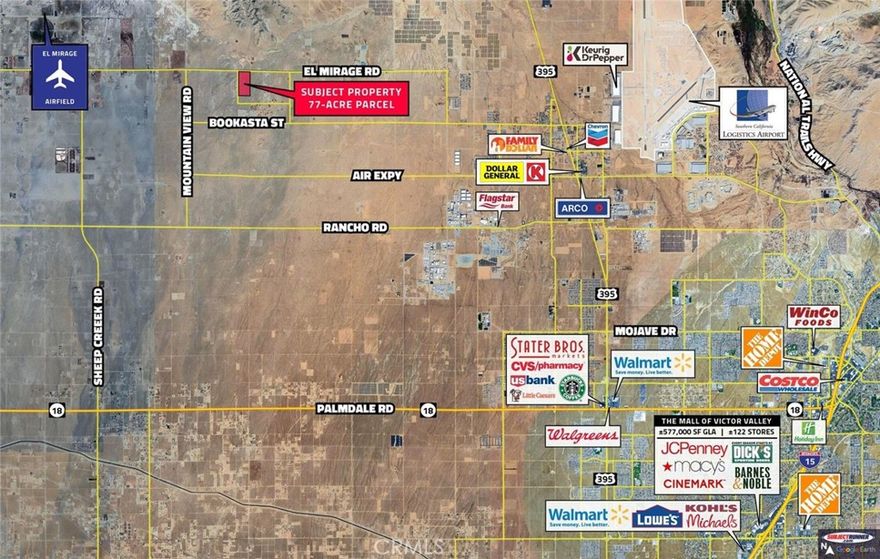 Subject Property consists of 77.50 +/- Acres, Zoned RL-5 (Rural Living) Check with County for other Possible Zoning Ordinances, Uses. Easy access off of El Mirage Road, Parcel is located near Baldy Mesa Solar Project. 1,285 ft of Frontage on El Mirage Road. Great Opportunity large parcel close to town and future Development. 



Only $885,500 for 77 Acres 

 

Buyer to verify and satisfy themselves to the accuracy of all information.