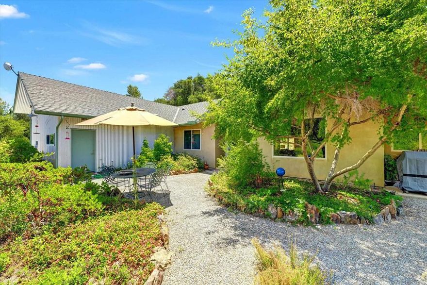 This 2137 sf beautiful home with spectacular views of Palomar Mountain is one of 60 permitted straw bale homes in San Diego County. House was declared a Certified Green House by County due to energy efficiency features when permitted in 2003. Construction is post and beam with metal Hardy Frames and earthquake strapping. The design was certified by a structural engineer, and approved and permitted by San Diego County. Straw bales are used for insulation and are not a structural component. As well as being very quiet, straw bale insulation is very fire resistant and has an insulating value of R-30 or higher. Non-bale walls (those containing plumbing) are insulated with recycled cotton denim insulation that has been treated for fire and insect resistance.  The house takes advantage of passive solar with a north/south orientation and extra deep eaves for warmth in winter and cooling in summer and to take advantage on the existing west to east onshore breeze. An efficient Carrier Performance series 5 Heat Pump System, air handler with MERV filter, and Nest smart thermostat was installed in 2023 and provides both heating and cooling. It is augmented by an ultra quiet whole house fan which provides energy efficient cooling when air conditioning is not required. A new extra long Kohler soaking tub, a new shower, tile, as well as new tub and shower enclosures were installed in 2024. Attic trusses in both house and garage provide ample additional storage space and easy access to the air handler. There is separate 288 square foot straw bale studio/workshop outbuilding with 50 amp electrical service and separate breaker box. The 596 square foot garage is extra wide. Minimum ceiling height is 9’ 6” with custom stained glass transoms above interior doors. Landscaping is primarily drought tolerate native plants, grasses and oaks.   An owner-owned 4.48 kW solar power system with a Tesla Powerwall 2 battery storage was installed in 2021. The Tesla Powerwall was replaced under warranty in 2024. Other energy features include whole house surge protection, electric car charger outlet in the garage, dual propane/electric outlets for the stove and dryer, Solatubes for lighting in the hallways and one bathroom, ceiling fans throughout the house, two solar powered attic vents to augment the existing roof vents, and double pane low-E glass in all windows.  The house is on a 210’ deep well with a 5000 gallon storage tank and booster pump. The well output was estimated at output 25 gallons a minute when it was originally drilled in 2003. The booster pump was replaced in 2020 and a new well pump was installed in 2025. There is shut-off system at the well that allows for the use of a generator (included with the house) to run the pump in the event of a power failure. Due to PH and high iron content in the water a whole house water filtration system was installed. The house was plumbed for a future grey water system. Septic system was pumped, tank stems installed, and the system certified in 2025. There are floor drains in both the laundry and mechanical rooms. Gutters and drainage system installed at exterior perimeters of house as well as irrigation. There is an outdoor shower.   Fire mitigation features include a 4” hydrant connection to water tank adjacent to house, a stucco exterior, corrugated metal on underside of all eaves with metal mesh installed on all exterior vents including solar attic fans. Drywall panels are installed beneath roof vents as additional barrier in case of wind driven embers. Blown-in recycled newspaper insulation in the ceiling treated with fire retardants and borates and according to the manufacturer is 57% more fire resistant than fiberglass insulation as well as being insect resistant. Fire sprinkler system throughout interior of the house, including garage and attic spaces, as well as hard wired smoke alarms with battery backups.