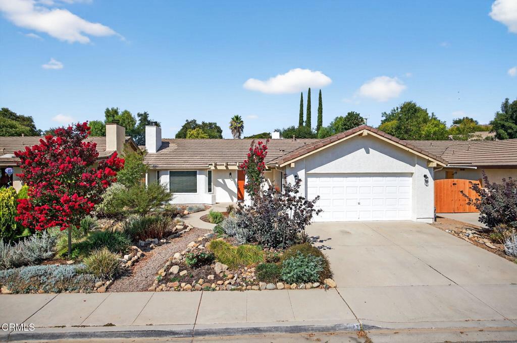 This beautifully updated three-bedroom, two-bath home sits on an expansive 8,500+ sq ft lot in one of Ojai's most desirable neighborhoods. Whether by car, the local Ojai Trolley, or the scenic Ventura/Ojai bike trail, you're just minutes from the area's best dining, lively farmer's markets, family-friendly parks including Lake Casitas--and endless adventures in the Ojai Valley Land Conservancy preserves and Los Padres National Forest. Inside, a bright, modern open-concept floor plan is designed for effortless living. Natural light pours in through the energy-efficient Anlin windows, while a recently upgraded front door adds a warm welcome. The living room impresses with soaring ceilings and a cozy wood-burning fireplace with a timeless mantle--perfect for quiet evenings or gatherings. Notable upgrades include newer kitchen flooring, an electric water heater with a high-efficiency heat pump system, rain gutters, and fresh exterior paint for lasting curb appeal. Every detail has been thoughtfully updated, making this home truly move-in ready! Step outside to a private backyard retreat featuring a concrete patio, newer wooden fencing, and lush garden spaces with mature, productive plum, persimmon, lemon, and peach trees ideal for morning coffee or weekend get-togethers. The front yard features drought-tolerant and low-maintenance yet colorful landscaping that boasts an amazing bounty of spring wildflowers native to California. Wake up to serenity with Ojai's golden sunrises, and relax to sunset tranquility with Ojai's 'Pink Moment' cast upon the Topatopa Mountains--your daily reminder of living in paradise! Exterior photos showcasing colorful wildflowers and a greener landscape were taken in the spring, prior to the installation of the new fence, to highlight how the home looks during that season.