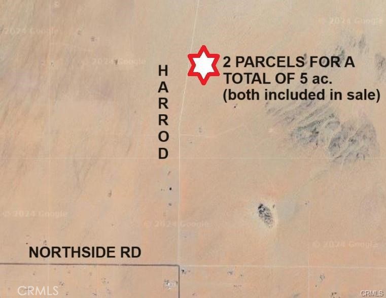 5 total acres made up of 2 separate parcels that can be sold separately at a later date if you wish to do so. These parcels are located in an excellent area for recreation or investment. Bring your toys and enjoy the desert sunsets and peaceful atmosphere. The parcels included in this sale are: 0453-461-02-0000 and 0453-461-04-0000. Each parcel is 2.5 acres. (The address on this listing is not a county assigned address and is being used solely for the purpose of identification of this listing on the MLS and media.)
Latitude 34.552164 Longitude -116.855124
