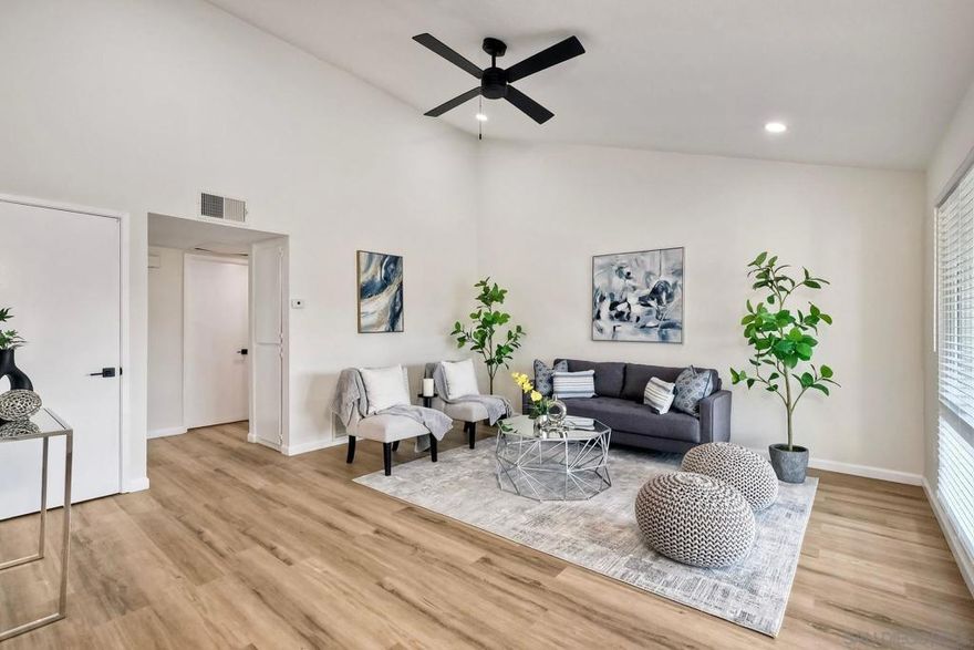 SELLER FINANCING OFFERED.  Welcome to this charming VA and FHA approved, completed renovated and move-in ready 2-bed, 1.5-bath condo in the desirable Pepperwood Meadows community of Escondido. Offering 905 sq ft of thoughtfully designed living space, this home features a bright, open floor plan with vaulted ceilings, luxury vinyl plank flooring, and brand new dual-pane windows. The updated kitchen boasts new countertops, stainless steel appliances, and ample cabinet storage, while the remodeled baths offer stylish modern finishes. Enjoy two spacious bedrooms, and 1.5 baths, plus a private balcony perfect for morning coffee or evening relaxation. Additional comforts include central A/C and community amenities such as a pool, spa, clubhouse, BBQ area, and landscaped greenbelts. HOA covers water, sewer, trash, and common area maintenance. Conveniently located near shopping, dining, parks, Oak Hill Elementary, and with easy access to the 78 and 15 freeways, this home offers both comfort and convenience.  SELLER FINANCING OFFERED.
