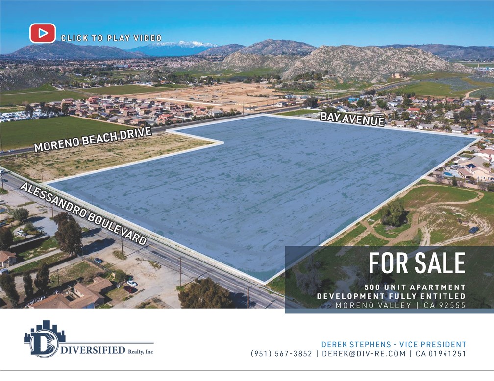-Prime 21.19 Acre Apartment Site
-500 Unit Apartment Development to have Full Entitlements by Fall 2025
-Close to the New Freeway Interchange on Moreno Beach Drive That was Completed in 2024
-City of Moreno Valley Job Creation Exceeding 30,000 Over the Past 10 Years
-Nearby World Logistics Center (WLC), a 40.6 Million Square Foot Project That Will Provide a $2 Billion Annual Economic Benefit to the City
-An Additional 20,000 New Jobs Coming From the Recently Approved WLC Project That Is Scheduled to Break Ground in 2025
-Close Proximity to the Riverside University Health System Medical Center, a Hospital That Employs 6,000 Workers and Has an Economic Impact of $1.6 Billion
-Nearby the New Kaiser Medical Center Project, an Expansion Plan That Will Add 1,125,000 Square Feet of Medical Services and Create 4,000 New Jobs in the City