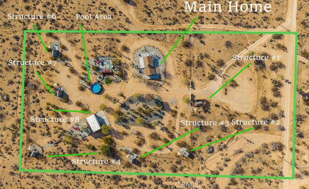 Seller is Motived to Sell!! Will provide property revenue upon request! Discover an extraordinary 5-acre income-generating desert retreat minutes from Joshua Tree National Park. This turnkey property combines luxury desert living with a successful boutique glamping business that grossed a significate amount in 2024 and was above the income of 2023. The contemporary main house features vaulted ceilings, natural wood beams, and a gourmet kitchen with expansive granite island. With nine bedrooms and stunning desert views through picture windows, it offers the perfect blend of comfort and natural beauty. A detached studio adds additional living space with its own kitchen, bedroom, bath, and attached garage. The property's hospitality infrastructure includes six framed structures, one the unique "Tin Can" and one studio apartment. With the right vision a buyer can rent out the house for additional income. Recent upgrades enhance the guest experience with a pool, spa retreat, bocce ball court, and renovated sun deck. Professional landscaping showcases mature palm trees and organically raised Joshua trees throughout the grounds. Multiple intimate spaces for relaxation dot the property, from poolside loungers to private daybeds. Guests can enjoy stunning sunrises, breathtaking sunsets, and stargazing under crystal-clear night skies. Recent improvements include renovated bathrooms, refurbished accommodations, and enhanced outdoor entertainment areas. This turnkey property presents a rare opportunity to own both a private desert sanctuary and a thriving hospitality
business. Perfect for entrepreneurs seeking to capitalize on the booming Joshua Tree tourism market while enjoying the serenity of high desert living. The established business infrastructure and proven income history make this an exceptional investment opportunity.