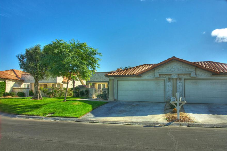 Single Story 1814 Square feet in one of best  locations in all Desert Falls ! Very private with Lake and double Fairway views from Rear large Patio and Great Room and Views of Golf Course 14 & 15 holes into the Mountains from front walled Courtyard and it is not on a GOLF Course!! Front Courtyard with gate for a Dog and Tiled Rear patio just steps from large Pool but not to close! # Bedroom , 21/2 Bath large updated kitchen with Breakfast Nook! Nice Pantry with Rool out shelves Tile Floors and Counters Vaulted ceilings in most rooms, new Windows. Security and Fire alarm . Wood Shutters Throughout . all bathrooms beautifully updated! Master Bedroom with Walk in Closet organizes as all closets including 2nd Master Walk in! Master bath with large tub and Shower with instant Hot water and separate room for toilet! Updated Centrl Air Conditioning and Furnace with laundry room with Washer and Dryer and Cabinets! Second Bedroom ensuite with large shower in Bath and 3rd Bedroom used as an office  but can be a 3rd Bedroom or Den as it has Carpet and window with double doors  and closet with built ins! Two Car Garage fully Drywalled with wonderful Built in Cabinets also insulted with 2 year old Automatic Garage door and opener with lighting!!  Unfurnished , with some items available, best location and Amazing views, No Steps and available for sale now with Sellers ready to move now!!