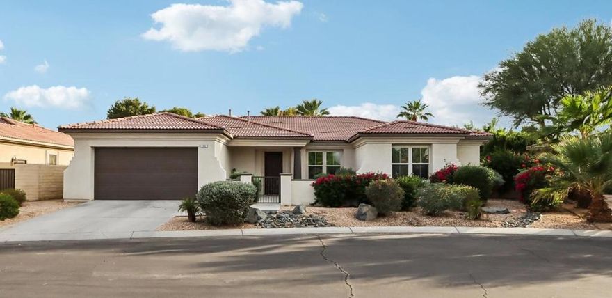 Elegant Contemporary Living in Brenna at Capri - Palm DesertWelcome to this beautifully maintained contemporary-style home in the prestigious gated community of Brenna at Capri, ideally located in the heart of Palm Desert. Enjoy the convenience of being within walking distance to Ronald Reagan Elementary School, Freedom Park, and just minutes from premier shopping, dining, and entertainment.Step inside to an open-concept layout featuring soaring ceilings and expansive windows that fill the space with natural light. Elegant plantation shutters and 24x24 white tile flooring throughout the main living areas enhance the modern aesthetic, creating a clean and sophisticated ambiance.The chef's kitchen is a true centerpiece, boasting stainless steel appliances, granite countertops, and a generous island that seamlessly connects to the spacious living and dining areas--perfect for entertaining or relaxing with family.Retreat to the luxurious primary suite, complete with a walk-in closet, dual vanities, a soaking tub, a spacious shower, and stunning marble countertops, for a truly spa-like experience.Additional highlights include:A large 2-car garage with an extended drivewayA dedicated laundry room with a deep sink and ample storageA private backyard oasis ideal for outdoor living, with space for dining, lounging, or creating your dream garden retreatThis elegant home blends contemporary design with everyday comfort in one of Palm Desert's most sought-after communities.Don't miss the opportunity to make it yours!
