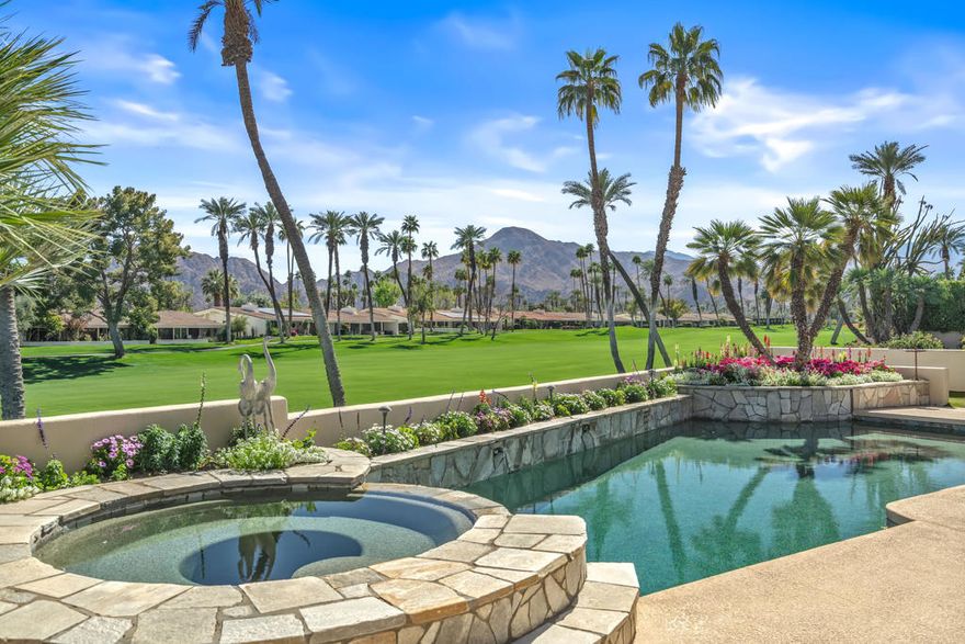 Premier elevated lot overlooking the private pool & spa, wrap around mountain views and the 1st fairway and green at Desert Horizons Country Club. The recently redone Clubhouse, Courts Complex and Exercise Facility are first rate! This Hazeltine floor plan offers almost 3,400 sq. ft. with 3 bedroom suites, a powder room, and a casita with a 4th bedroom. The expansive views are never ending. The generous patio spaces offer a tranquil and private setting overlooking the Pebble-Tec pool/spa with beautiful mountain and golf course views.  This sought-after floor plan includes a formal living and dining room, a large family room and an eat-in kitchen. The high ceilings and abundance of windows offer a light & bright airy living space. Located in the heart of Indian Wells this home is desert living at it's best.