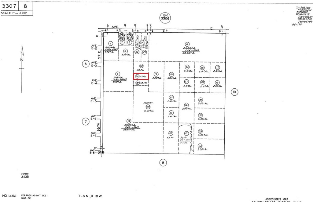 APN: 3307-008-029 Coordinates: 34.760889, -117.958222 1.02 acres for sale in LA County. This parcel is located near the corner of E Ave E and 100th St East. Zoned agricultural, per county record. Adjacent parcel is also for sale APN# 3307-008-030