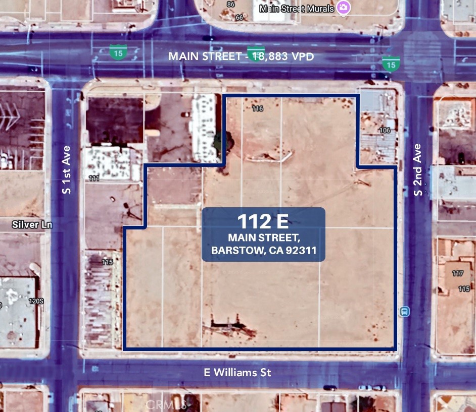 Prime opportunity to acquire ±97,500 SF of commercially zoned land located along Barstow’s Historic Route 66 corridor. The property features excellent ingress and egress via S 2nd Avenue and East Williams Street, offering convenient access for future development. Flexible Commercial zoning allows for a wide range of uses including retail, service commercial, automotive, and specialty developments. The site is especially well-suited for self-storage or other income-producing commercial ventures, with strong market demand and excellent regional connectivity.
Property Highlights:
±97,500 SF of land (approx. 2.24 acres)
Frontage along Historic Route 66 (E Main Street)
Zoned Commercial – broad permitted uses
Excellent ingress/egress via S 2nd Avenue and East Williams Street
Highly visible location with strong traffic counts
Convenient access to I-15, I-40, and regional transportation corridors
Surrounded by growing logistics, industrial, and commercial activity