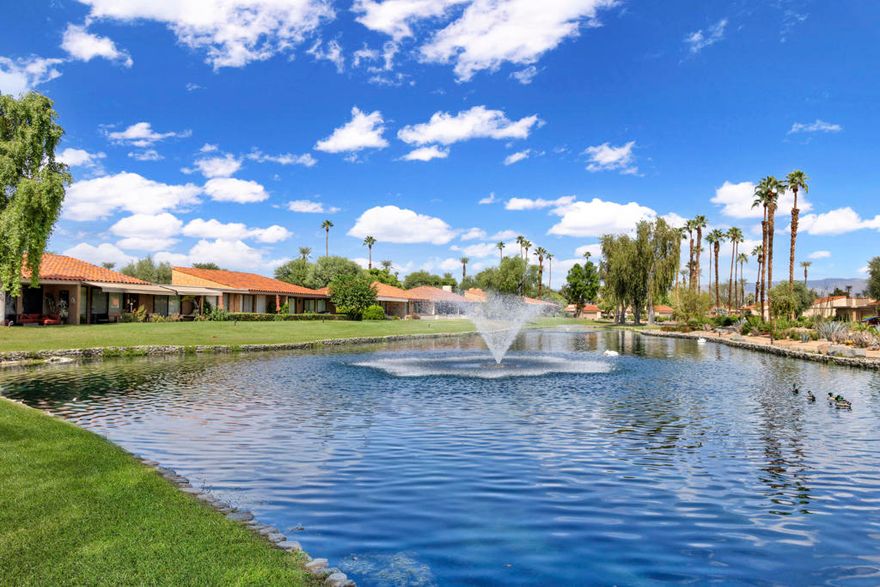 Turnkey Lakeside Condo at Sunrise CC!This 3 Bed, 2 Baths end unit, Barcelona Plan has panoramic views of the Lake.Resort Style Living awaits! This upgraded condo features Quartz Counter Tops, Custom Cabinets, Stainless Steel Appliances, Remodeled Baths, Tile Floors, Dual Pane Windows, Solar Panels, and a cozy Fireplace.Enjoy the private patio with sweeping Lake views, fountains, Swans and lush trees.  Just steps from the Pool & Spa, Clubhouse. Sunrise CC offers and 18 Hole Golf Course, Tennis and Pickle Ball Courts.Also a Fitness Center, 21 Pools and Spas,Dining Room and Lounge. Close to the River Complex, Shops, Restaurants, Theaters. This Home is offered turnkey furnished, ready to move in and enjoy all that Sunrise CC has to offer.