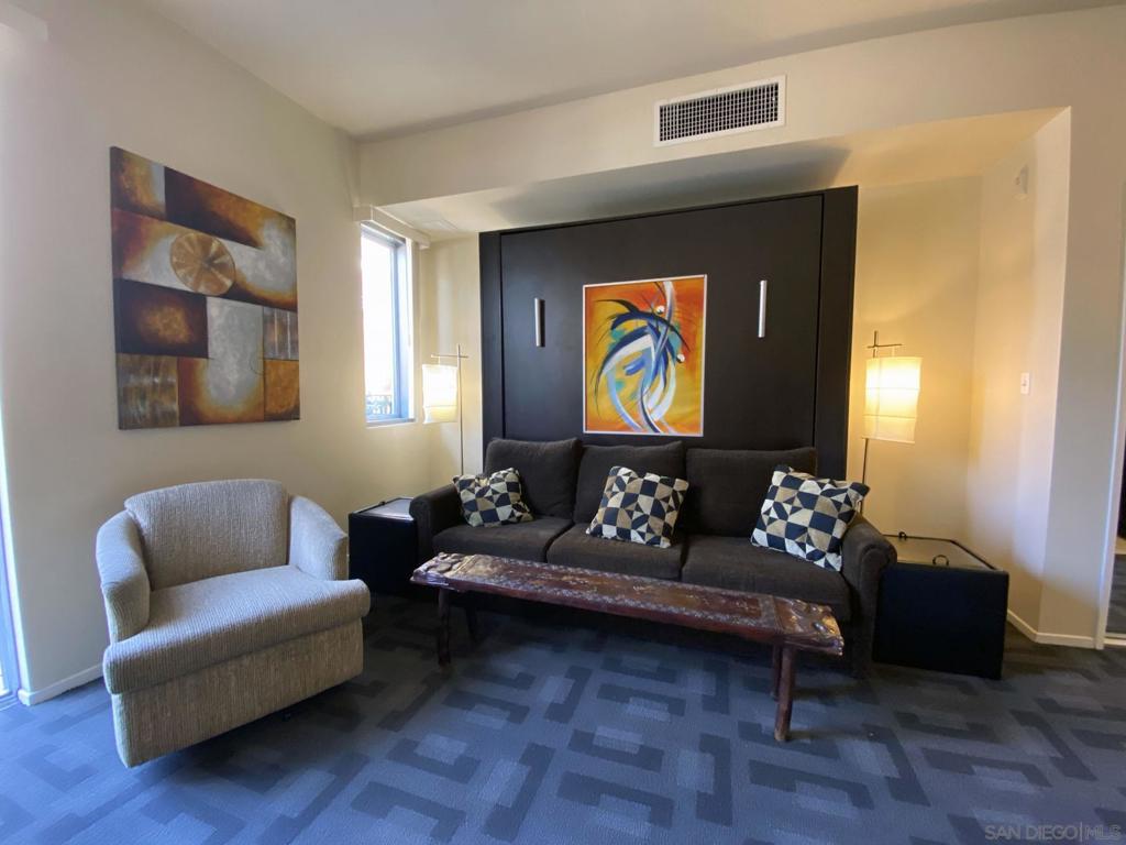 COMPLETELY FURNISHED adorable Residence in the Heart of the GAS LAMP District. Owner spared no expense in furnishing this stunning condo featuring a $5,000 + custom CAL-KING BED from SPACES of San Diego, Washer/Dryer to linens & kitchenware! Just bring your toothbrush! Located in the most Prime location in the building, facing inner courtyard & pool area so is quieter than properties facing outward to Gaslamp District nightlife noise . New paint, newer carpet, RARE PRIVATE PATIO & Secure assigned parking space. LOCATION-LOCATION-LOCATION!!! Upbeat urban living.....Walk to everything that the Gas Lamp District has to offer, The Embarcadero, Petco Park, Horton Plaza, 100's of restaurants, the Symphony, live Theatre and only 2 blocks to the trolley line. Gaslamp City Square offers street-level shops, secure entry, a fully landscaped interior courtyard, outdoor sundeck