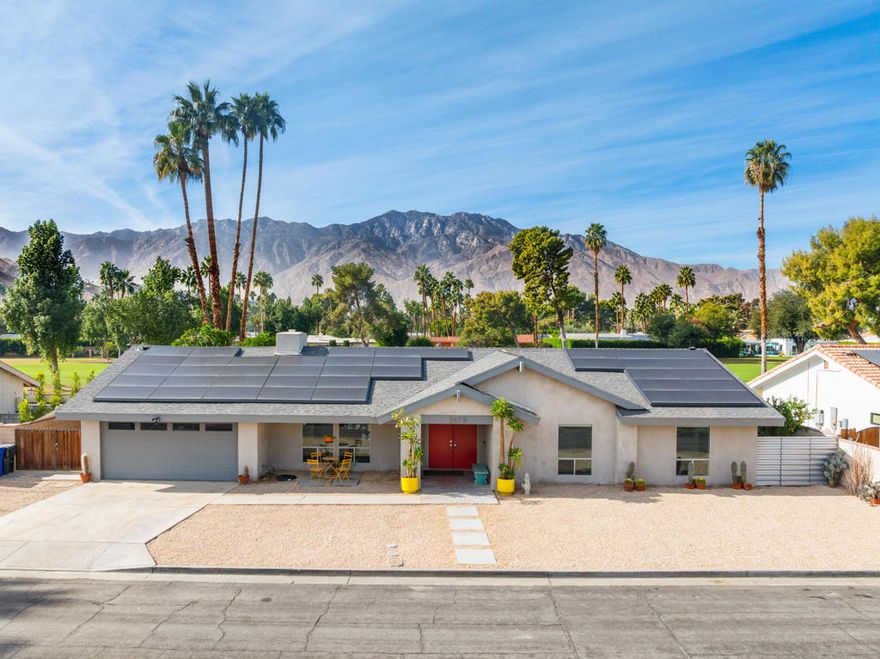Bold & Beautiful 4 bed 4 bath on the Tahquitz Creek Golf Course...This fully refurbished, spaciously reconfigured home has every upgrade you can think of. Polished concrete floors, soaring ceilings and all new Milgard windows and sliders are just the beginning. The main house features 3 large bedrooms plus a spacious den (that could be an additional bedroom or home office) and 3 magnificent bathrooms with Waterworks fixtures, Restoration Hardware cabinets and custom tile  designs. On top of that, there is a fabulous Casita with its own entrance and another beautiful bathroom. A custom restaurant style kitchen with large pantries will inspire your inner Gordon Ramsey. The living room has vaulted ceilings and an eye catching fireplace with custom mantel. There are new window coverings, new ceiling fans and app-controlled lighting throughout. The new high efficiency A/C unit plus 2 mini splits for the casita and garage will keep you cool on the hottest days, and the 39 owned solar panels with 2 Tesla batteries will keep the bills in check. Walk into the backyard and jaws will drop! The west facing views of the San Jacinto mountains and swaying palm trees have no power lines in sight. The free form pool and spa are app-controlled for your convenience. The Tahquitz Creek Golf Neighborhood is one of Palm Springs most coveted south end locations. On the beautifully maintained golf course, but with NO HOA fees and no land lease! The Hugh Kaptur designed golf club, the new Palm Springs Surf Park and the new CV Link are a short golf cart ride away.