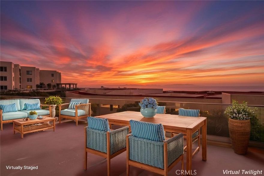 Welcome to Paradise in this Ocean Front one Level End Unit! 2 bedroom 2 bathroom condo w/stunning Pacific Ocean, Catalina Island, Golf Course & Hillside views awaits you! Massive outdoor patio boasts modern glass railings & striking panoramic ocean views giving you the best coastal experience! Outdoor deck is a rarity & is perfect for lounging, BBQing, entertaining, watching the ships sail by, staring at the stunning sunsets & star gazing. Enormous open concept living room boasts cozy gas fireplace, closet & outdoor deck access via sliding glass doors. Dining area attached to living room showcases amazing ocean views, plantation shutters, fresh paint & ceiling fan. Open concept chef's kitchen boasts stunning ocean views, recessed lights, tile backsplash, gorgeous, blue-toned cabinetry, stainless steel utility sink, stainless steel fridge, electric cooktop, double oven, dishwasher, recessed lights, walk-in pantry & lots of countertop space. Large primary bedroom features easy care laminate floors, huge walk-in closet, plantation shutters & bathroom ensuite. Primary bathroom offers 2 vanities/sink areas, walk-in shower & blue-toned cabinets. Guest bedroom has wall-to-wall closet space, sliding mirrored doors, lots of shelving & can be used as an office, 2nd bedroom or private home gym. Guest bathroom boasts blue-toned cabinets, single sink vanity & tub/shower combo. Laundry closet in home is convenient & comes with washer & dryer! Home features lots of storage spaces including coat closet, shelved utility closet, shelved panty & huge private storage (10ft x 6ft) in garage. 2 large private parking spots located next to each other in garage come w/home. Unit near elevators for convenience! Ocean Terrace offers majestic ocean views, picturesque scenery & is pet friendly! Amenities include poolside lounge, in-ground pool & hot tub w/striking ocean views, tennis courts, vegetable gardens, shuffleboard, pickleball, gym, dog park, rec center w/kitchen, billiards & sauna, EV charging stations & guest parking. Condo located on a quiet cul de sac near golf courses & hiking trails that span down the coast featuring private beaches & magical ocean coves. Home located in an awarding-winning school district, overlooking golf course & nearby Terranea Resort, parks, dining & freeways! Make this your forever getaway!