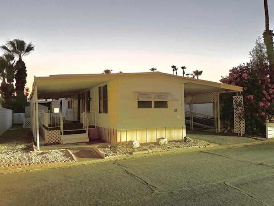 Sweet deal, Heres a 2 bedroom 2 full bath single wide home in Palmdale Estates 55+ community adjacent to Indio Polo Grounds, with fresh interior paint, new baseboard throughout, new plumbing in bathroom, new flooring in bathroom, new vanity, sink, toilet, new water heater. This cute little gem comes with a shed that is made into a laundry room, includes washer & dryer, stove, HVAC commercial sized and works great! Palmdale Estates has RV parking available which is great to have. Come and finish up and put your own taste into the rest! Not pre-hud and financeable with 5% down! Space rent for new owners $706.00 plus water & trash. Must be park approved to open escrow. Call for a showing today..