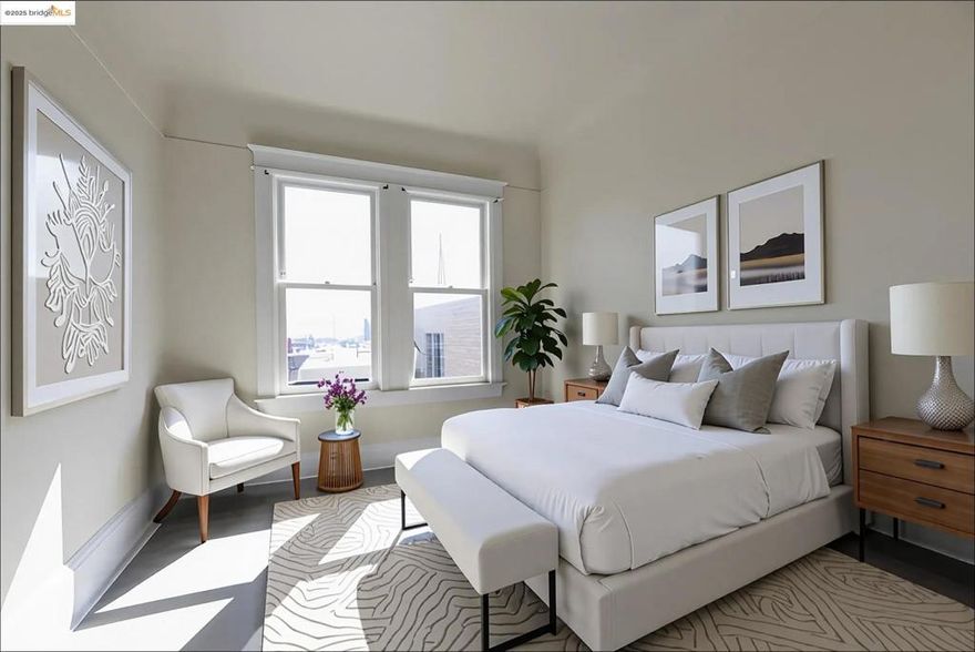 Perched on the top floor of a charming 6-unit TIC in one of San Francisco’s most dynamic neighborhood of Nob Hill, bordering Chinatown, North Beach, Russian Hill, and Telegraph Hill, 49A Auburn Street offers a rare blend of light, views, and style. This remodeled 688 sq. ft. residence captures the best of city living with sweeping Bay Bridge and the iconic Transamerica Pyramid views, sprinkled with a peek at the architectural gem of Salesforce Tower, all framed by an abundance of direct natural light streaming in from the horizon.  Step inside to discover two comfortable bedrooms with the option to transform the main bedroom into an office or family room, one modern bathroom, a welcoming living room, and a bright, open kitchen fitted with brand-new appliances and fresh contemporary finishes. Laminate wood flooring runs throughout, while the bathroom features sleek tile underfoot for a polished, practical touch.  Located at the crossroads of Nob Hill and Chinatown, you’ll enjoy a Walk Score and Ride Score of 99 and 100 – meaning the city’s best dining, shopping, and transit options are right outside your door.  Practical perks include a tandem parking space in the attached garage, a back deck to enjoy fresh air, and the peace of mind of living in a newly executed TIC.